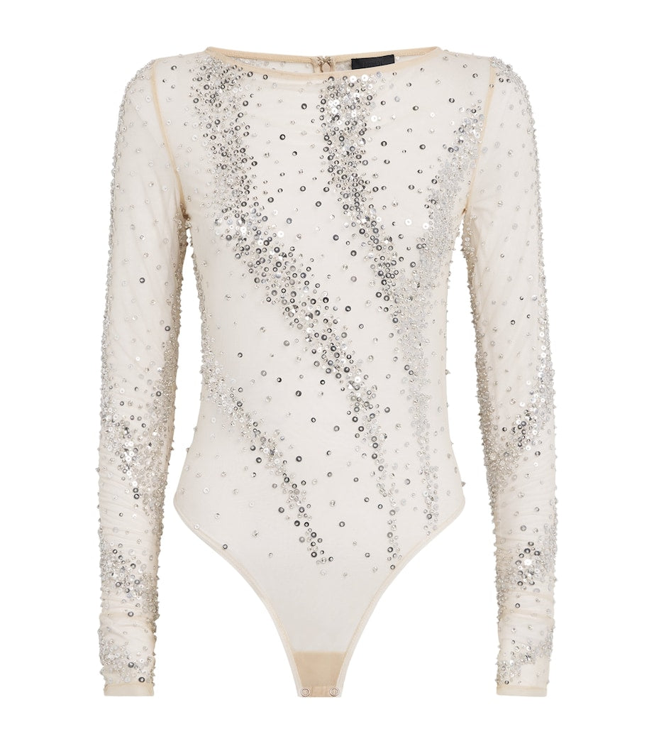 LAPOINTE Beige Rhinestone Swirl Bodysuit
