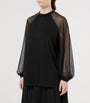 Marina Rinaldi Black Cady Chiffon-Sleeve Cambusa Blouse