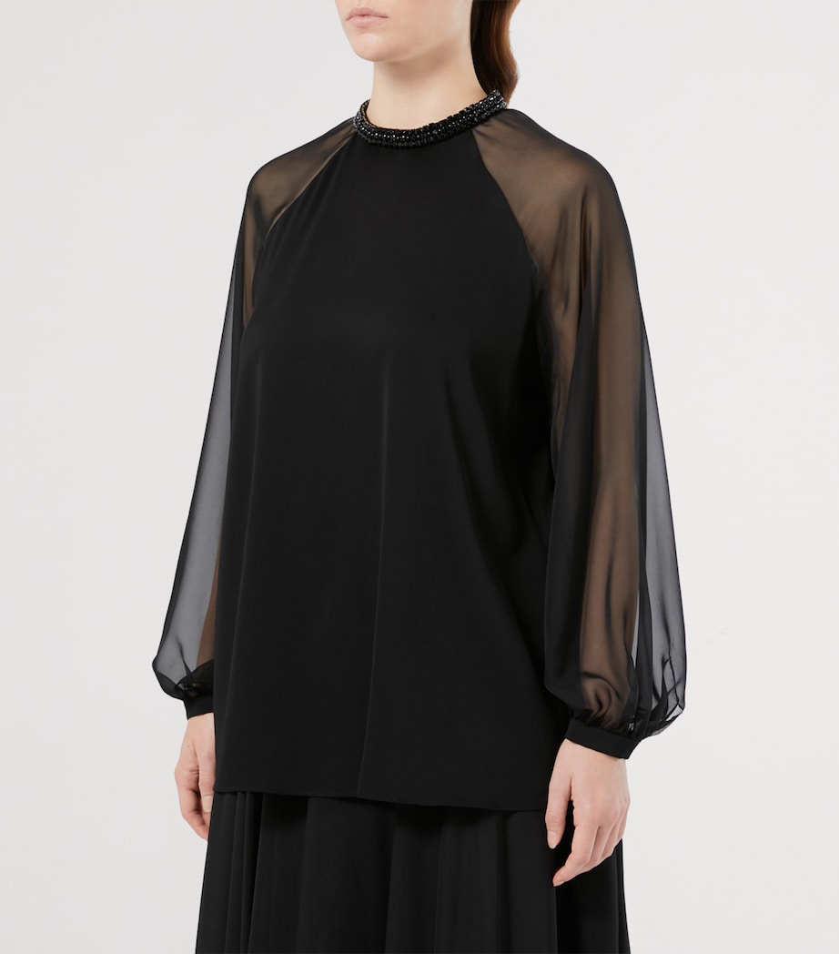 Marina Rinaldi Black Cady Chiffon-Sleeve Cambusa Blouse