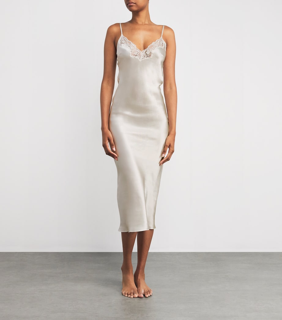 Gilda & Pearl Ivory Silk Lace-Trim In My Boudoir Long Nightdress