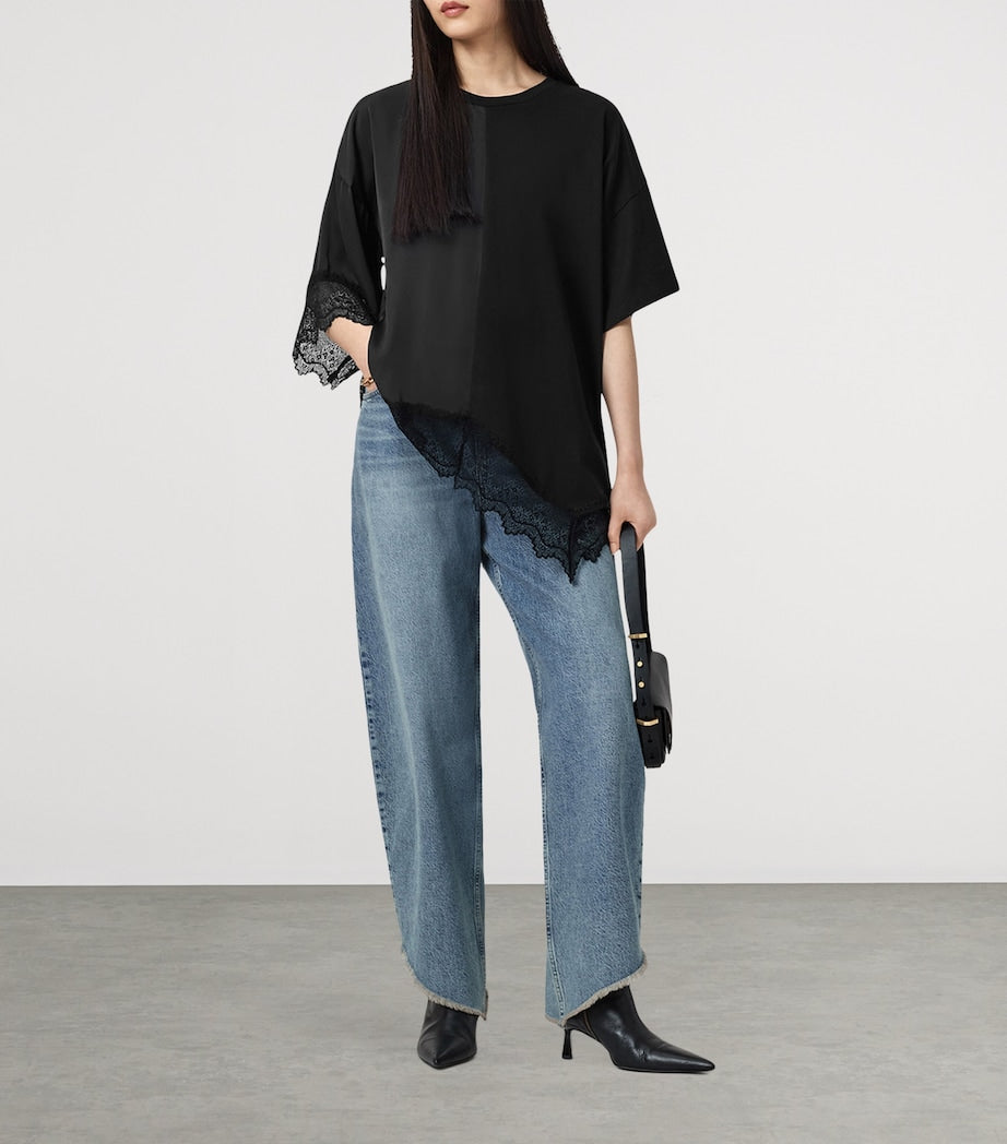 AllSaints Black Cotton Lace-Trim Lenny T-Shirt