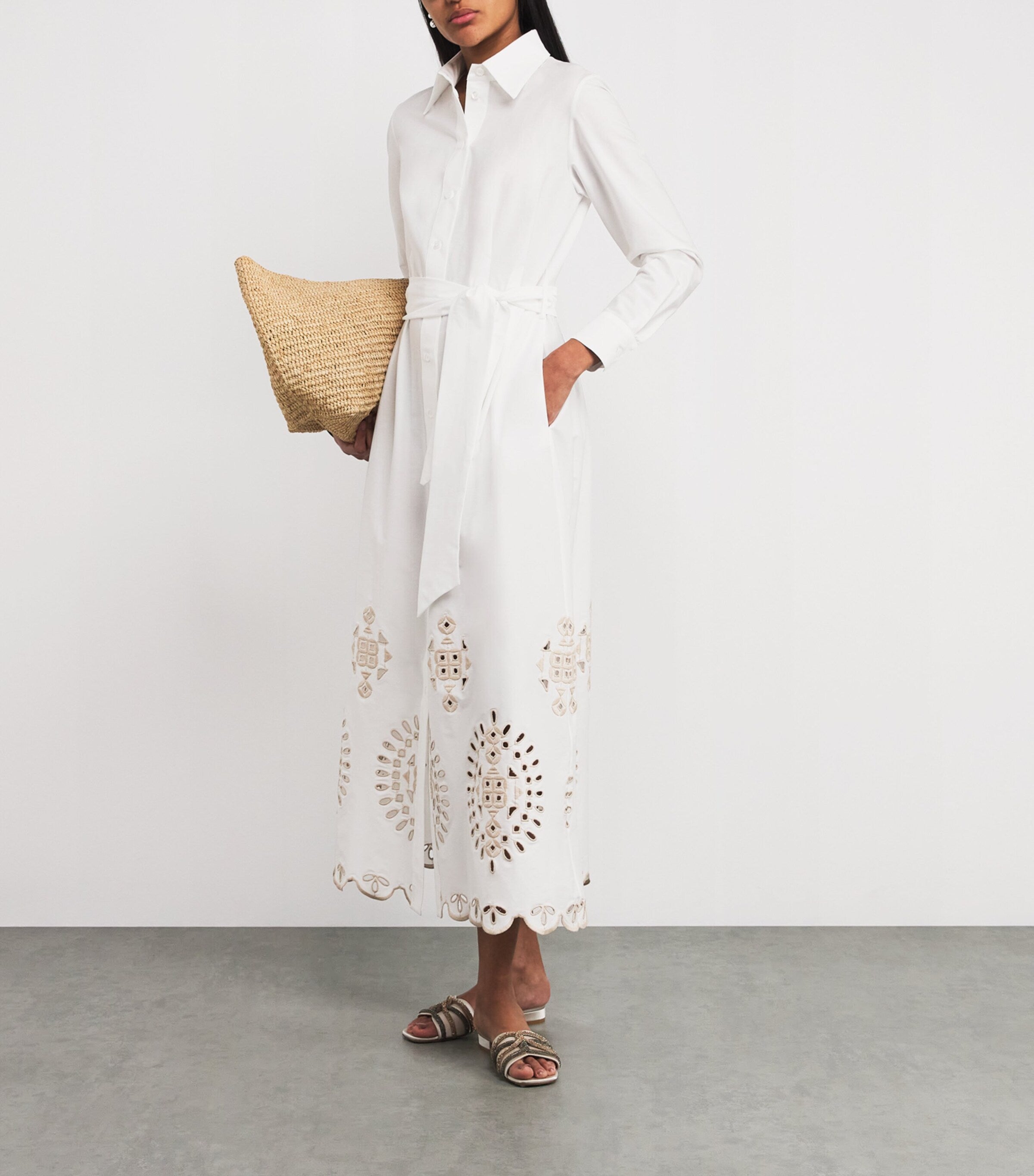 Eleventy White Stretch-Cotton Embroidered Maxi Dress