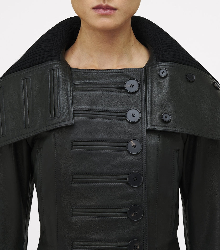 Black Exaggerated Buttonhole Leather Jacket