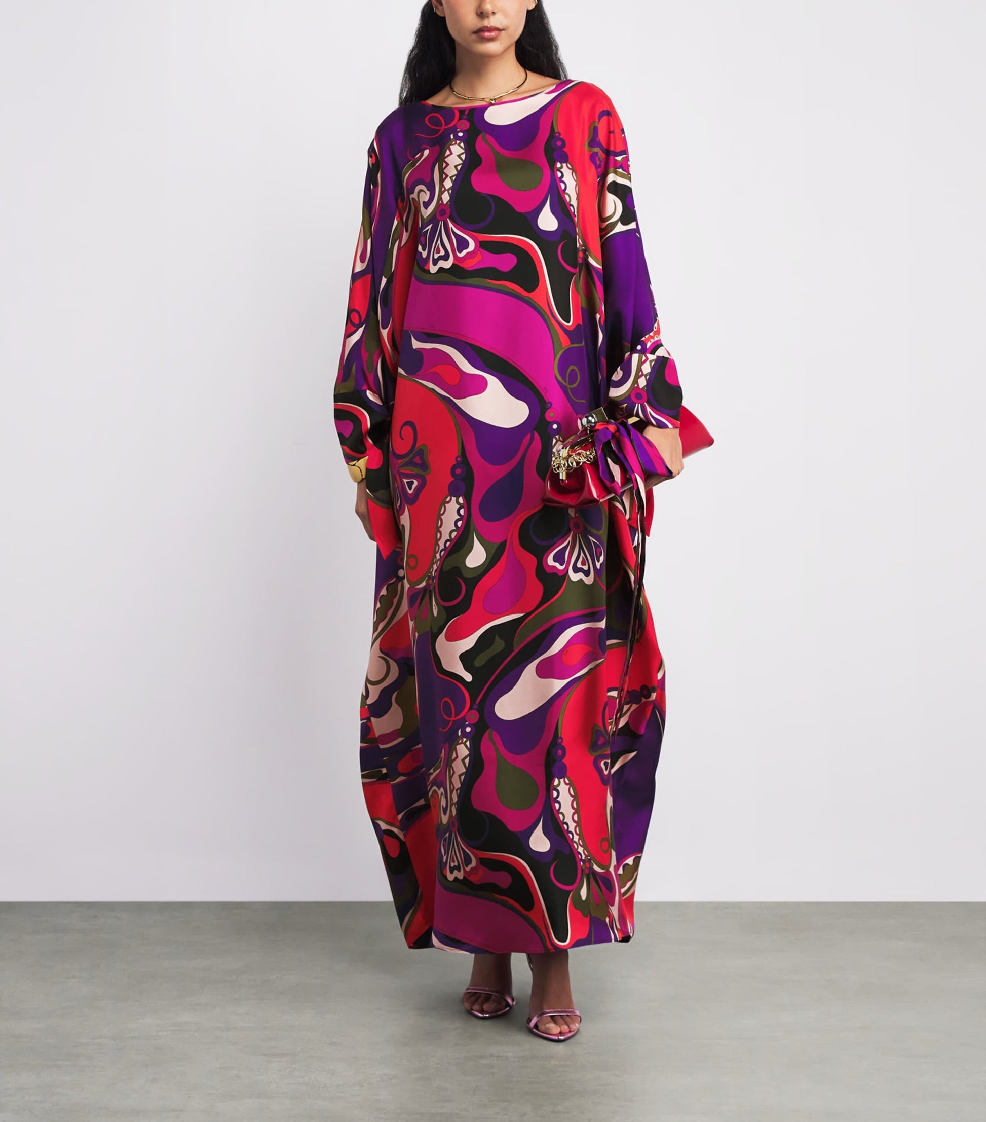 Multi Silk Orchidee Print Maxi Kaftan Dress