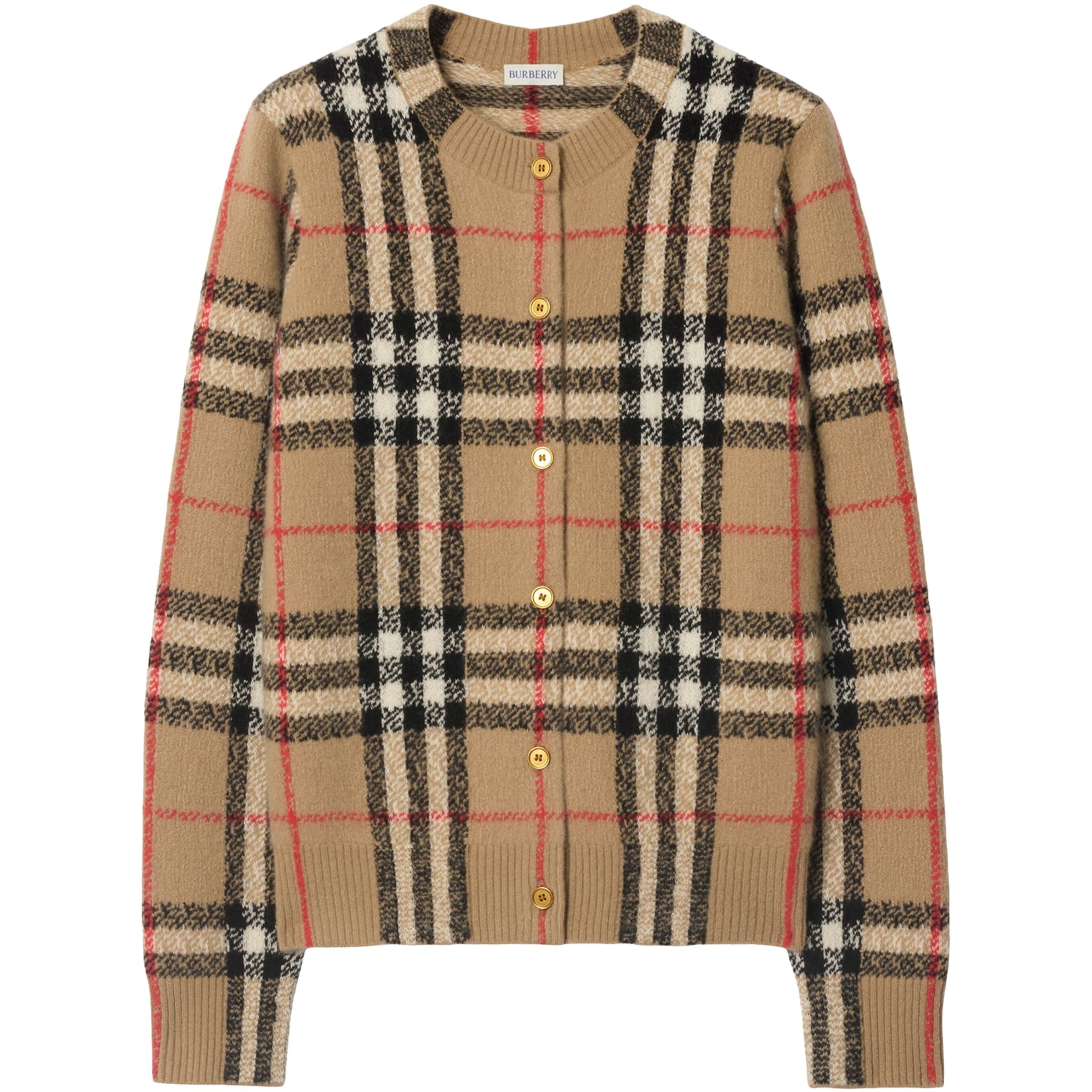Beige Cashmere-Wool Check Cardigan