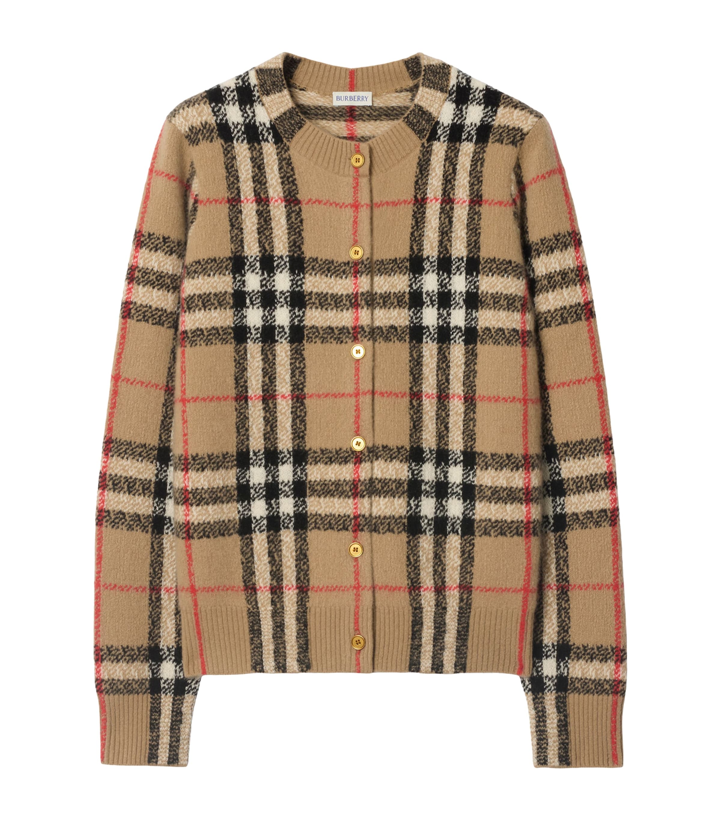 Beige Cashmere-Wool Check Cardigan