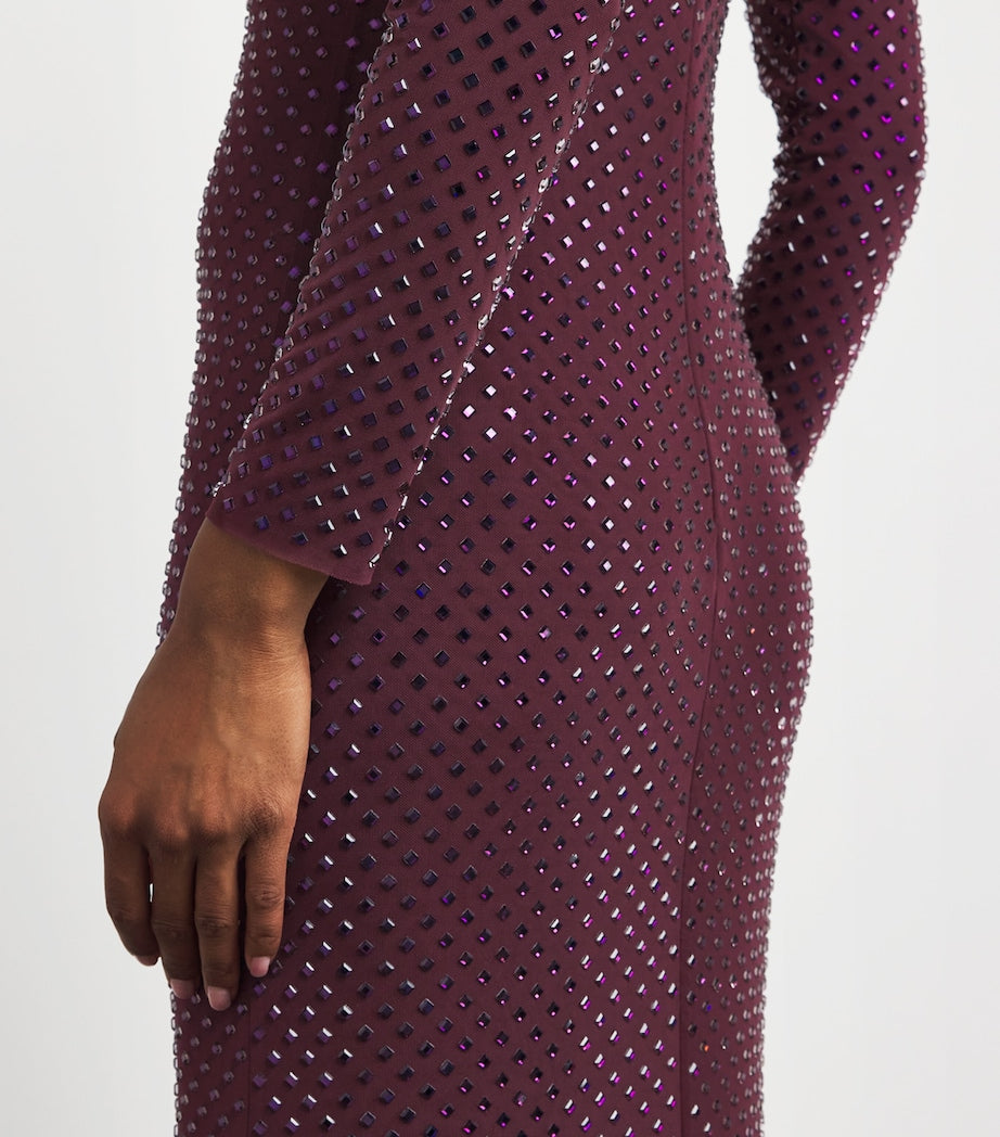 Self-Portrait Burgundy Crystal Long-Sleeve Maxi Dress