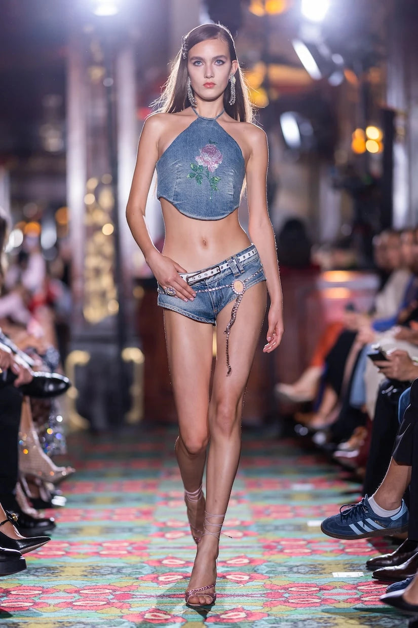 Alessandra Rich - Floral cropped denim bustier top