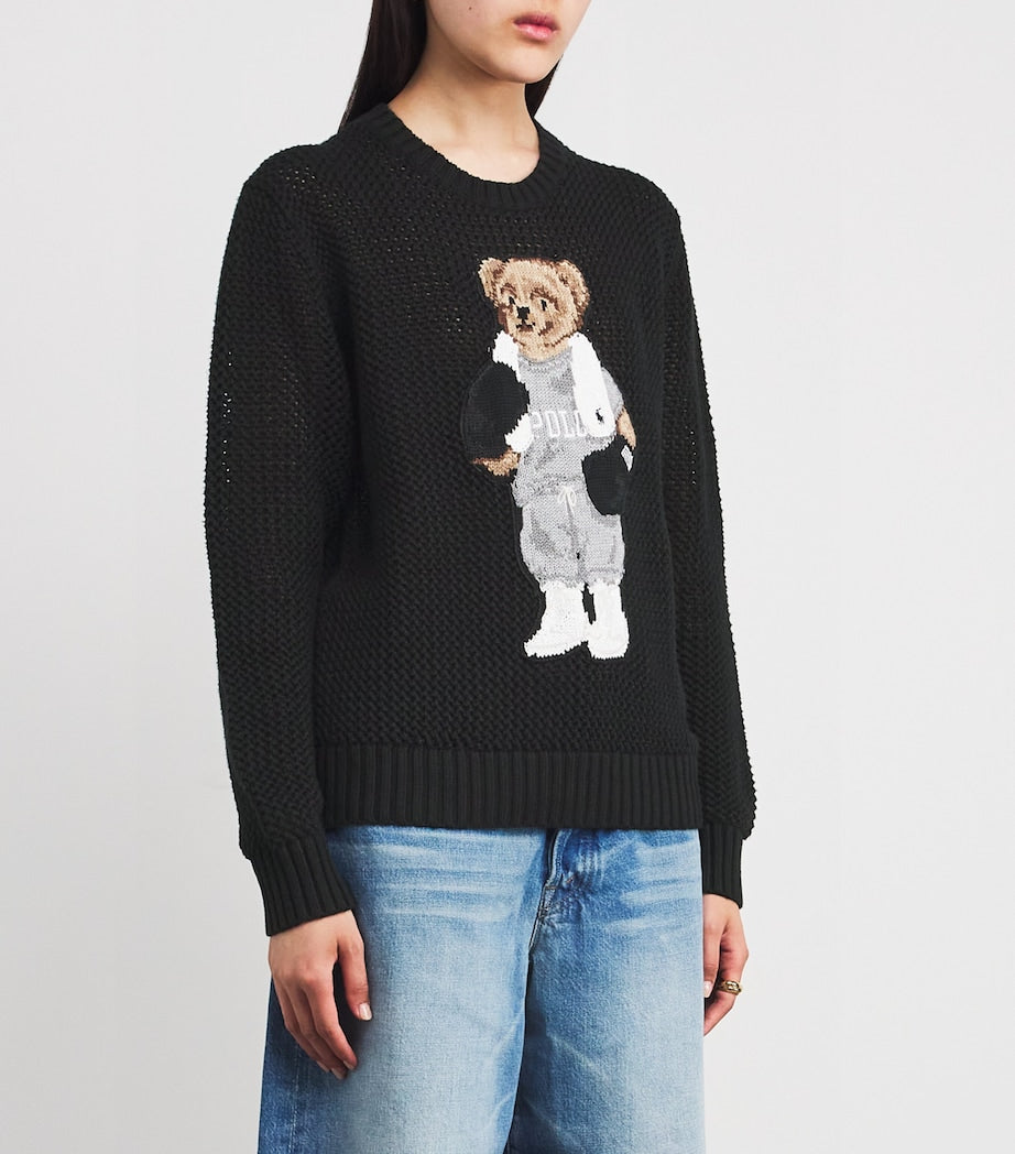 Polo Ralph Lauren Black Cotton Open Knit Polo Bear Sweater