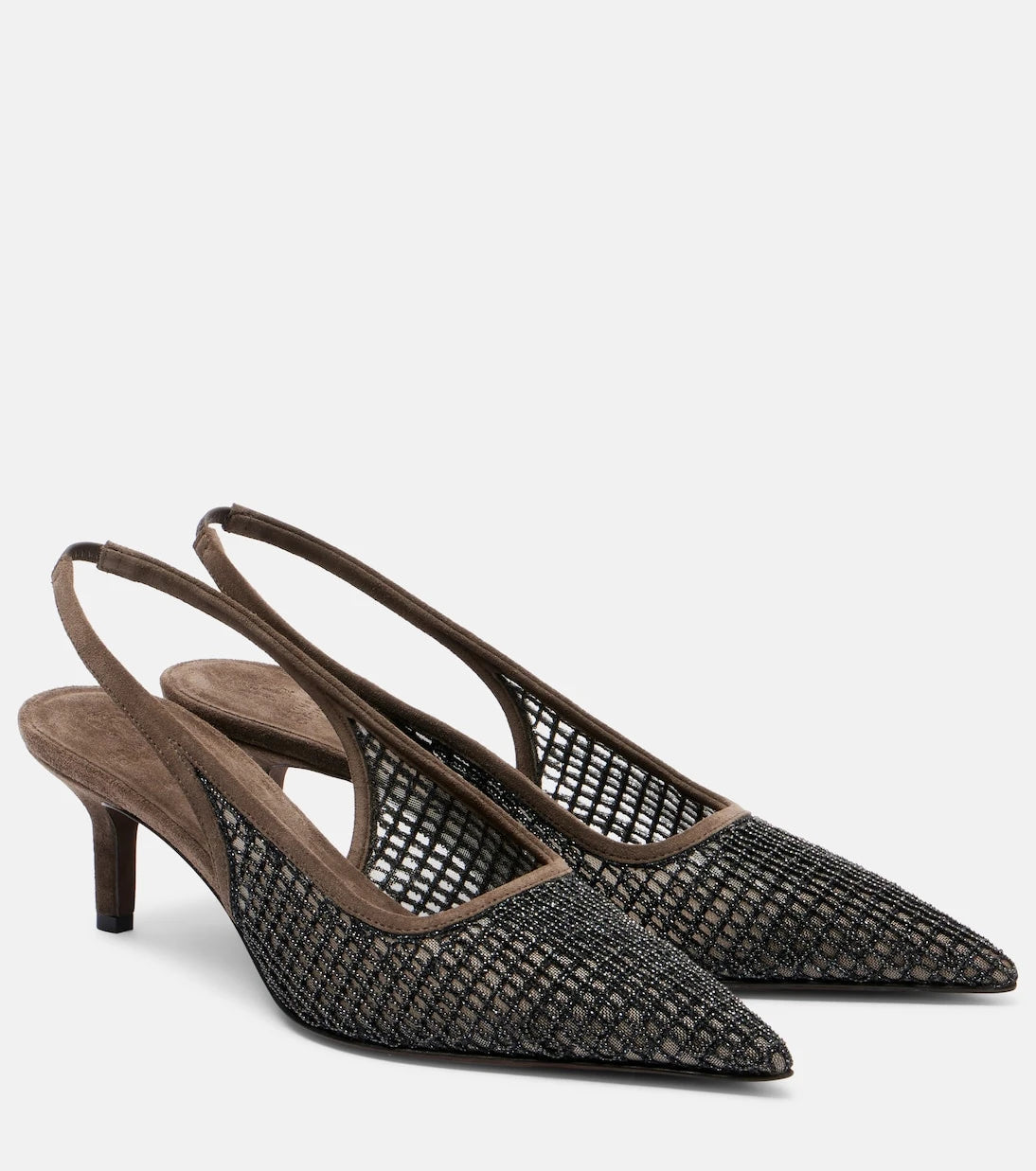 Brunello Cucinelli - Monili 55 suede-trimmed slingback pumps