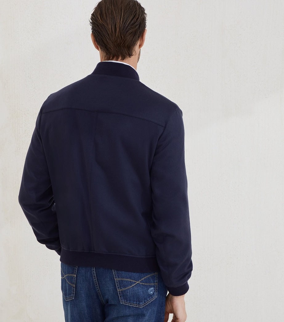 Brunello Cucinelli Blue Cashmere Flannel Bomber Jacket