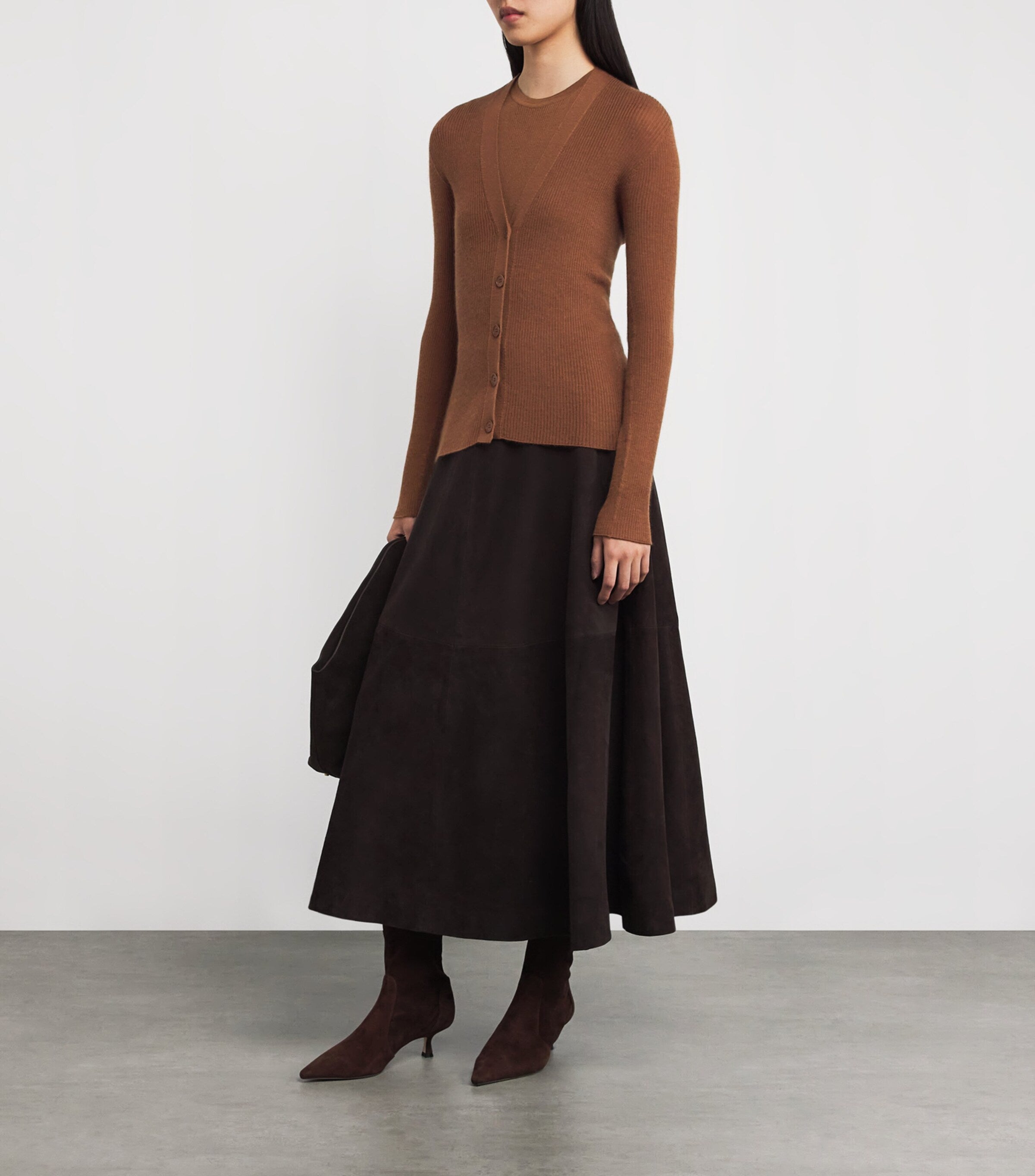 Johnstons Of Elgin Brown Superfine Cashmere V-Neck Cardigan