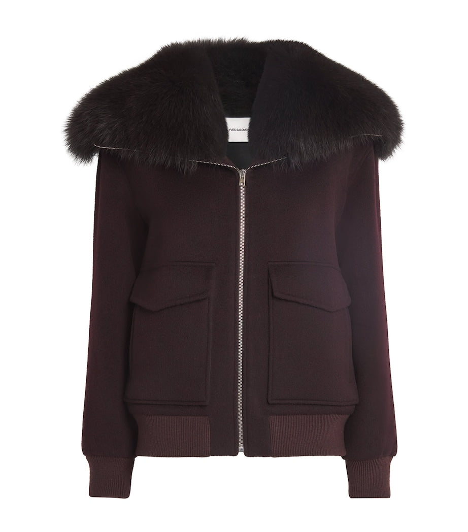 Yves Salomon Red Wool-Cashmere Fur-Trim Jacket