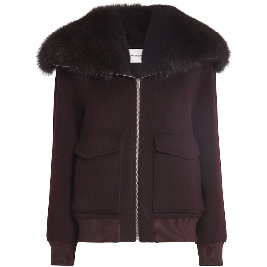 Yves Salomon Red Wool-Cashmere Fur-Trim Jacket