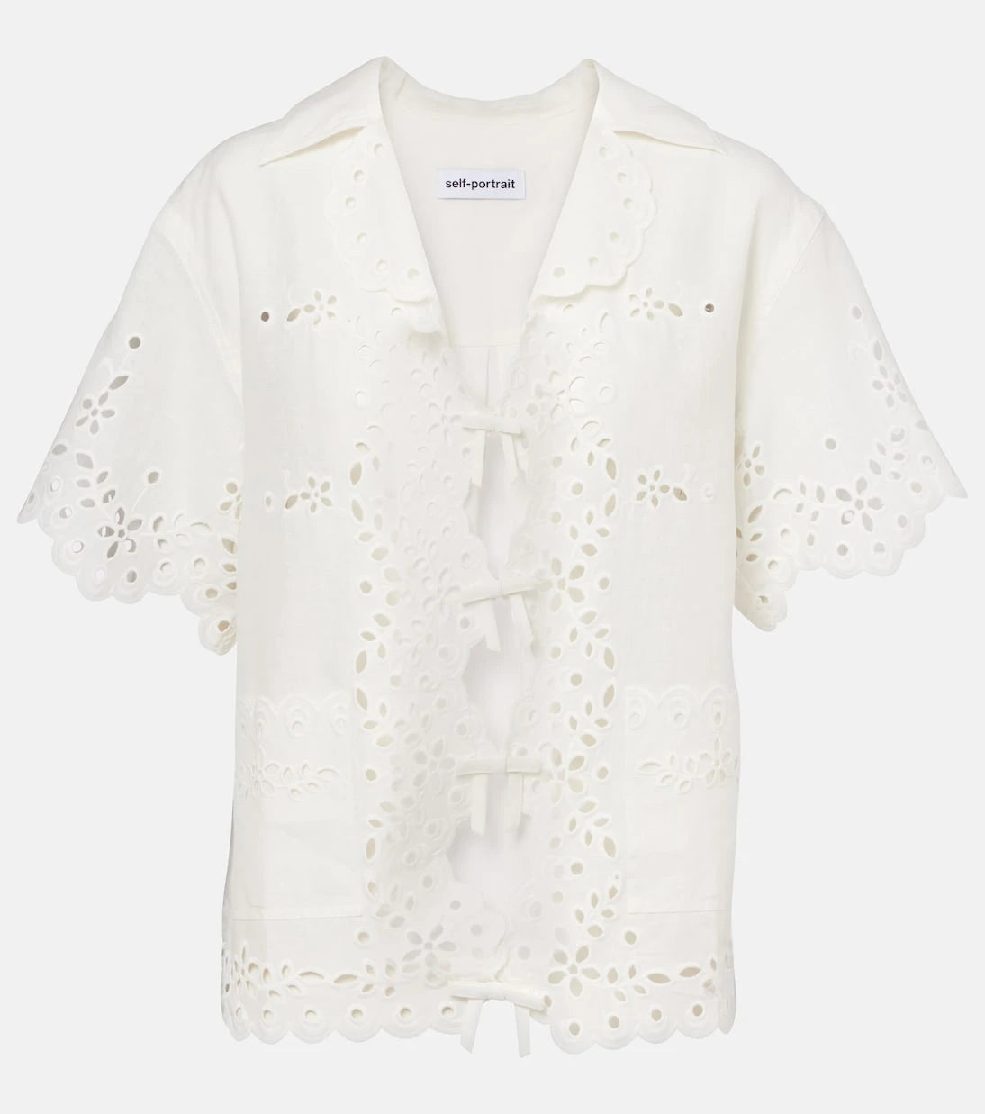 Self-Portrait - Embroidered cutout linen and cotton top