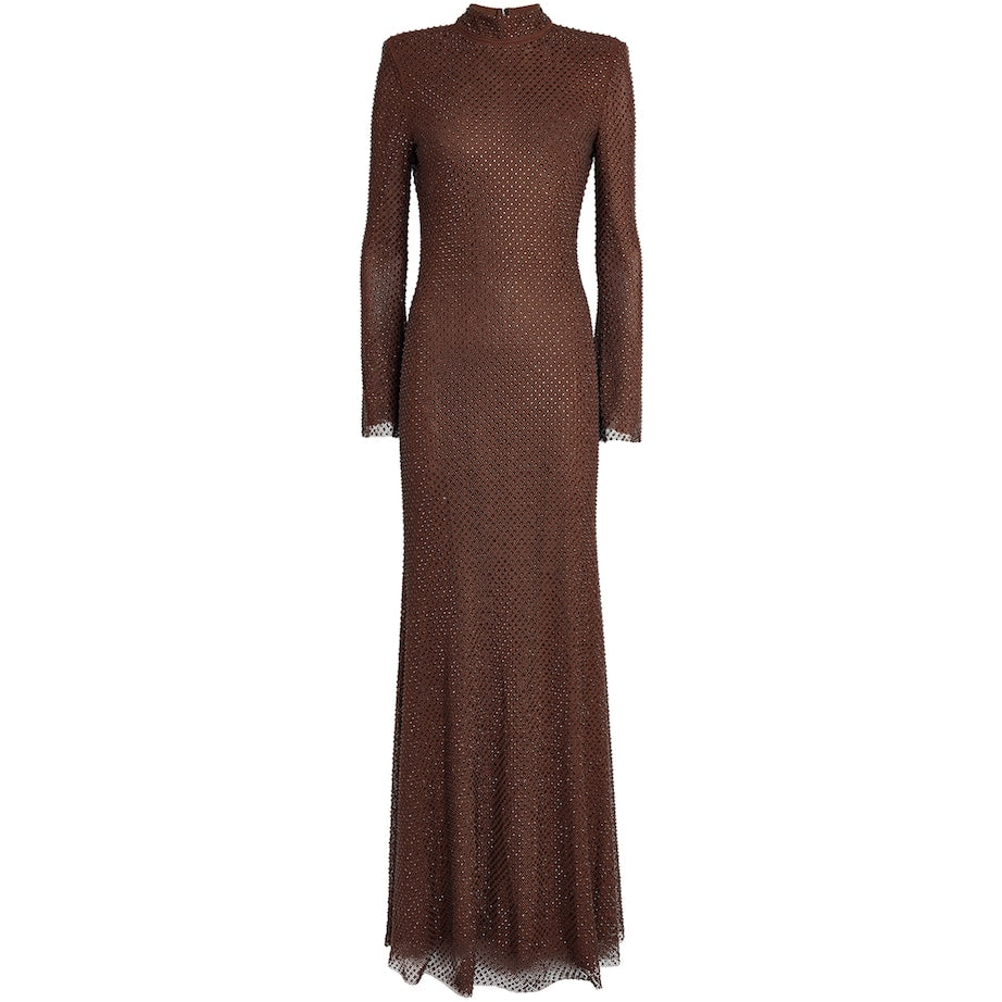 Self-Portrait Brown Mesh Rhinestone-Embellished Maxi Dress