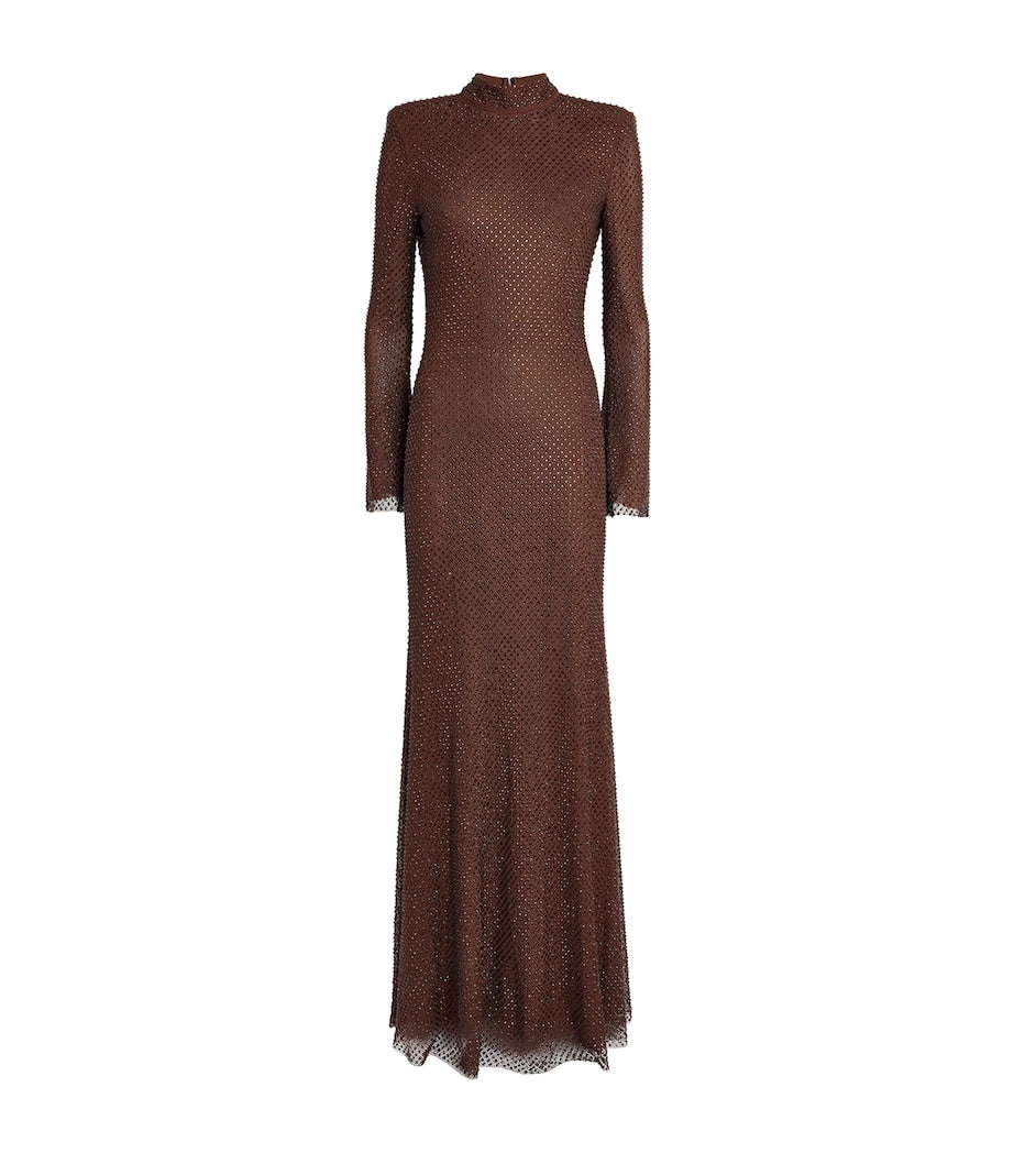 Self-Portrait Brown Mesh Rhinestone-Embellished Maxi Dress