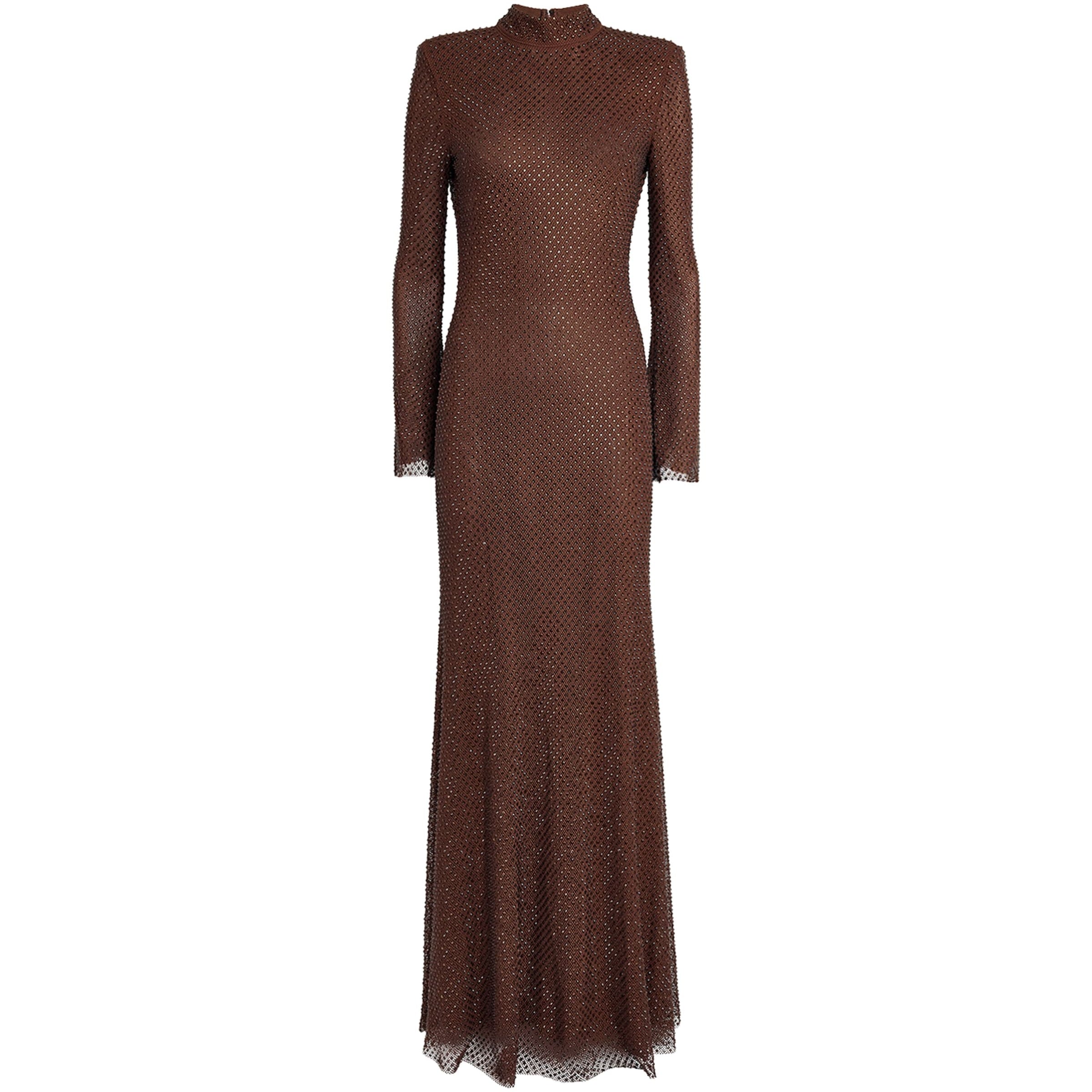 Self-Portrait Brown Mesh Rhinestone-Embellished Maxi Dress
