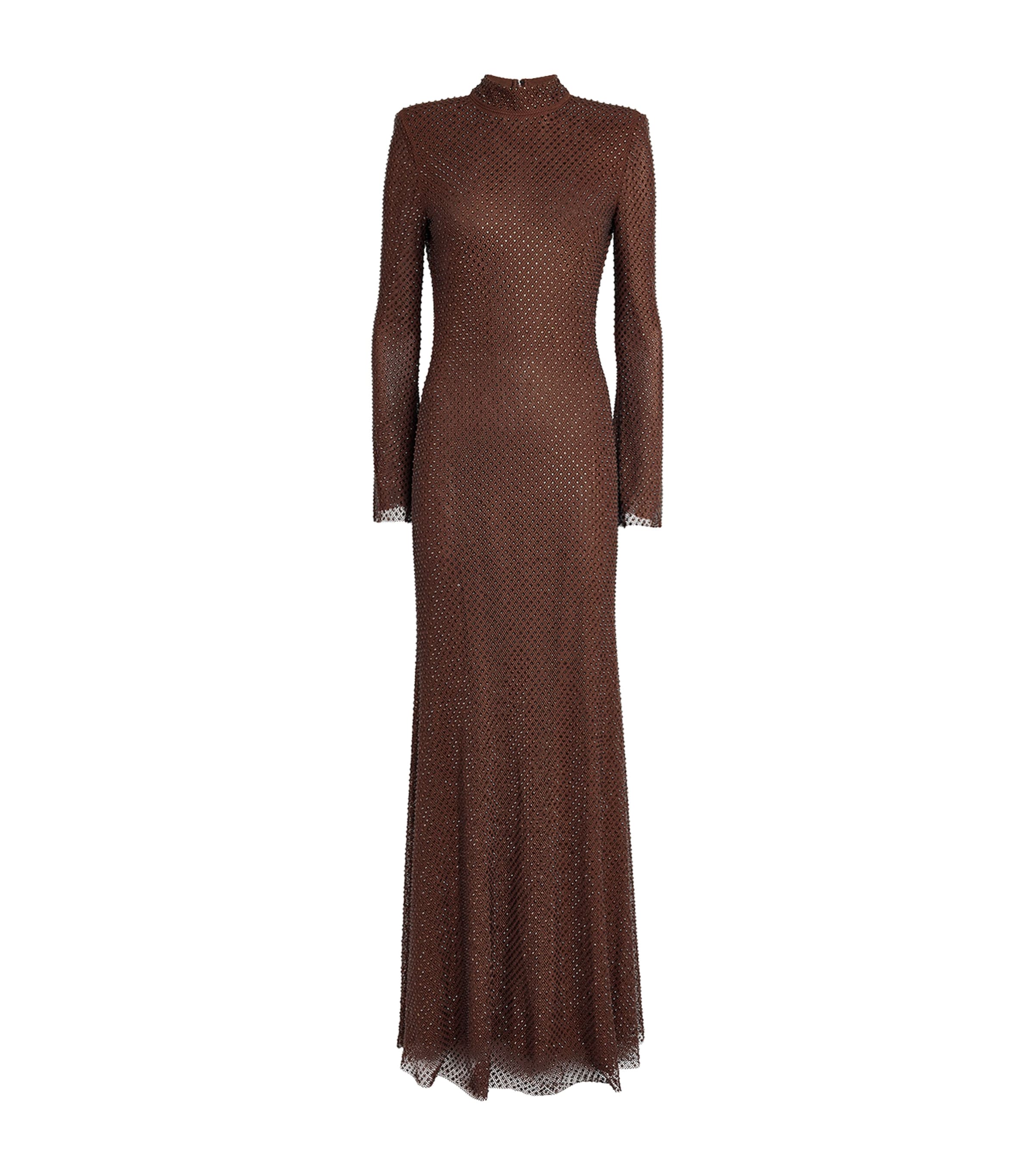Self-Portrait Brown Mesh Rhinestone-Embellished Maxi Dress