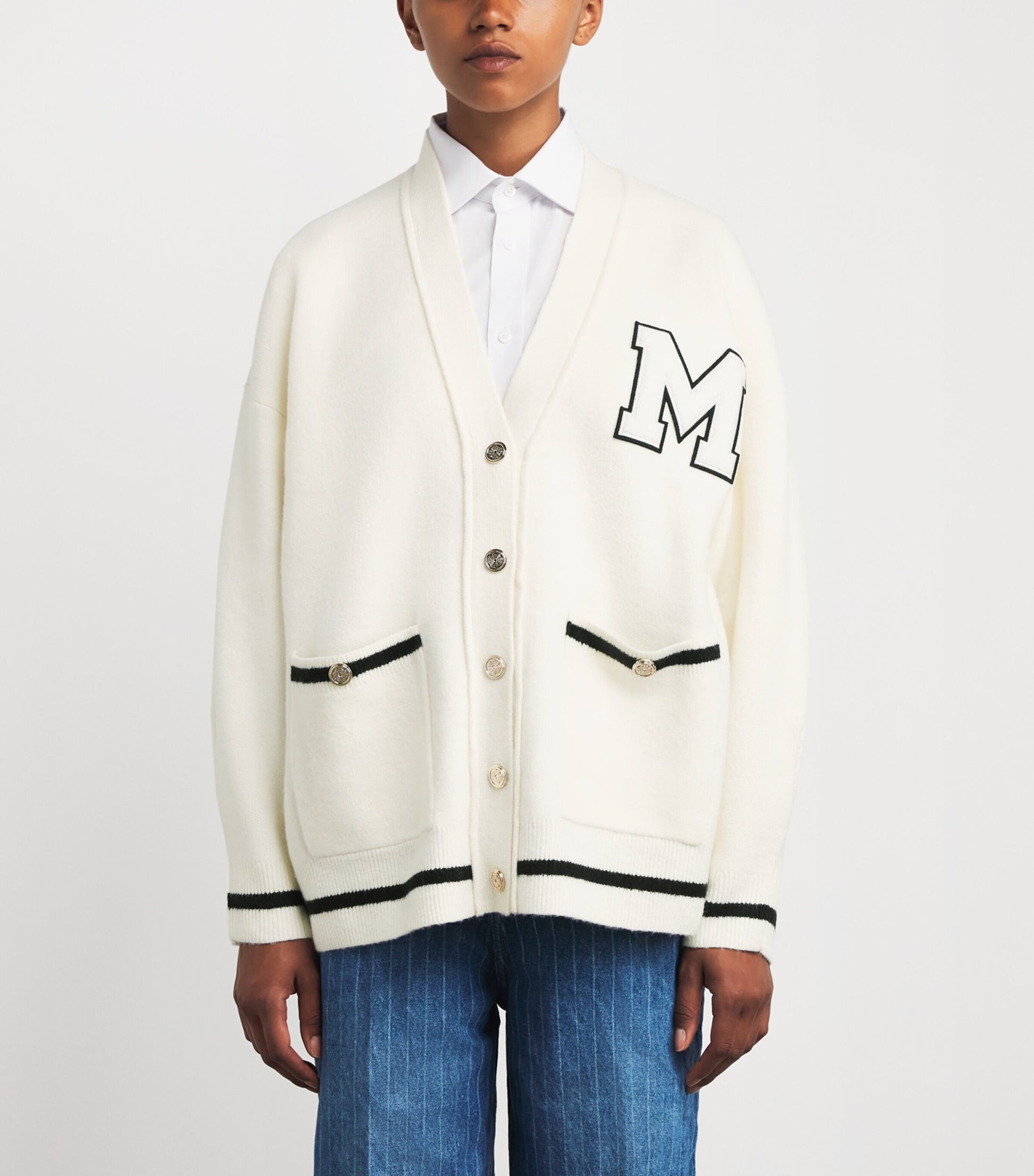 Maje White Monogram Appliqué Cardigan