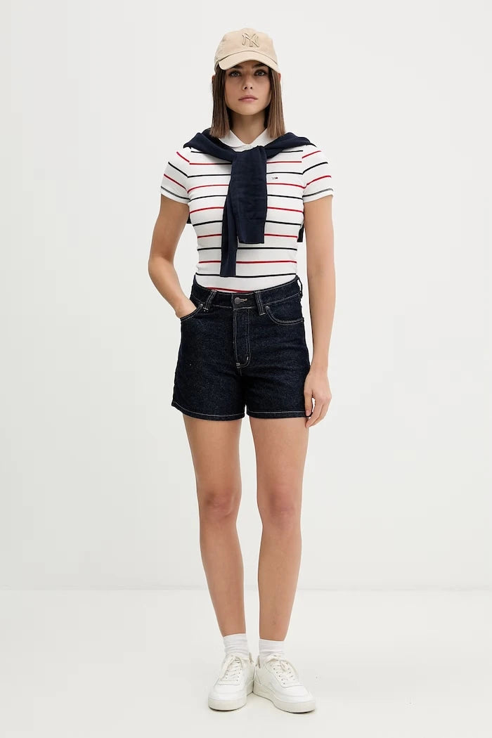 Tommy Jeans yakalı kadın pamuklu elastan tişört