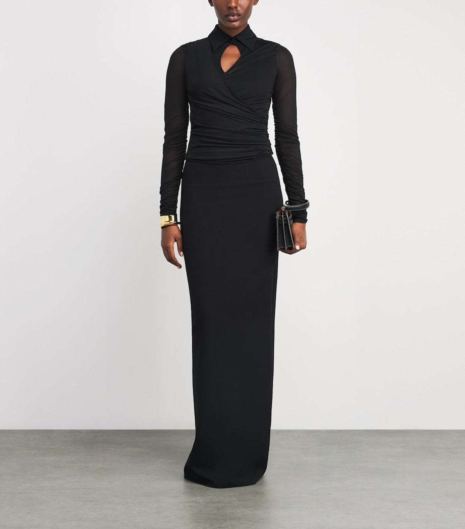 Black Tulle-Sleeve Draped Blouse