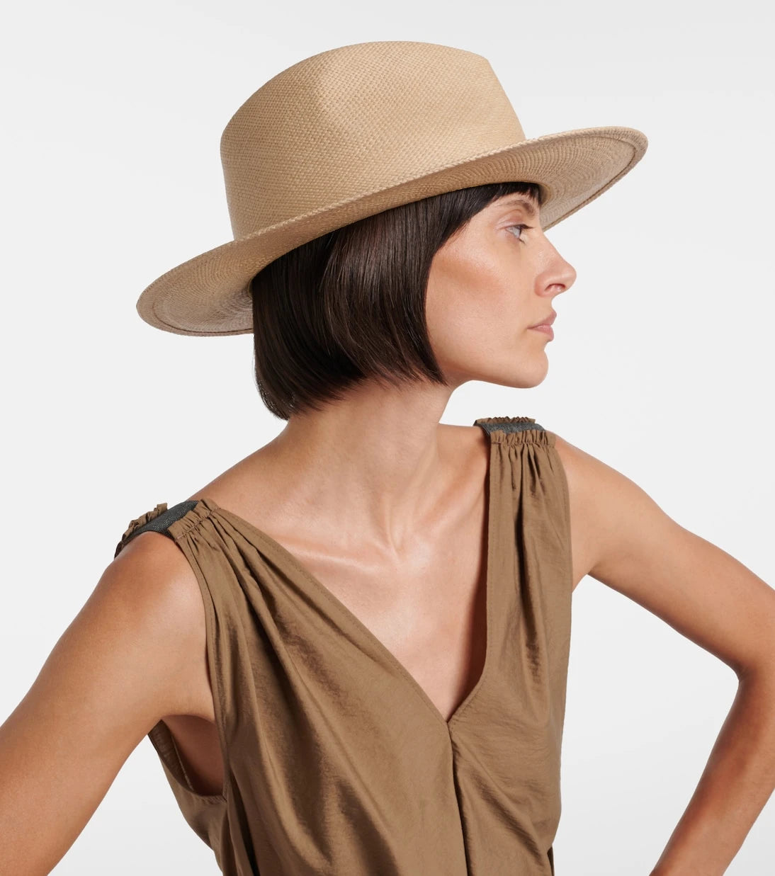 Brunello Cucinelli - Monili leather-trimmed straw fedora hat