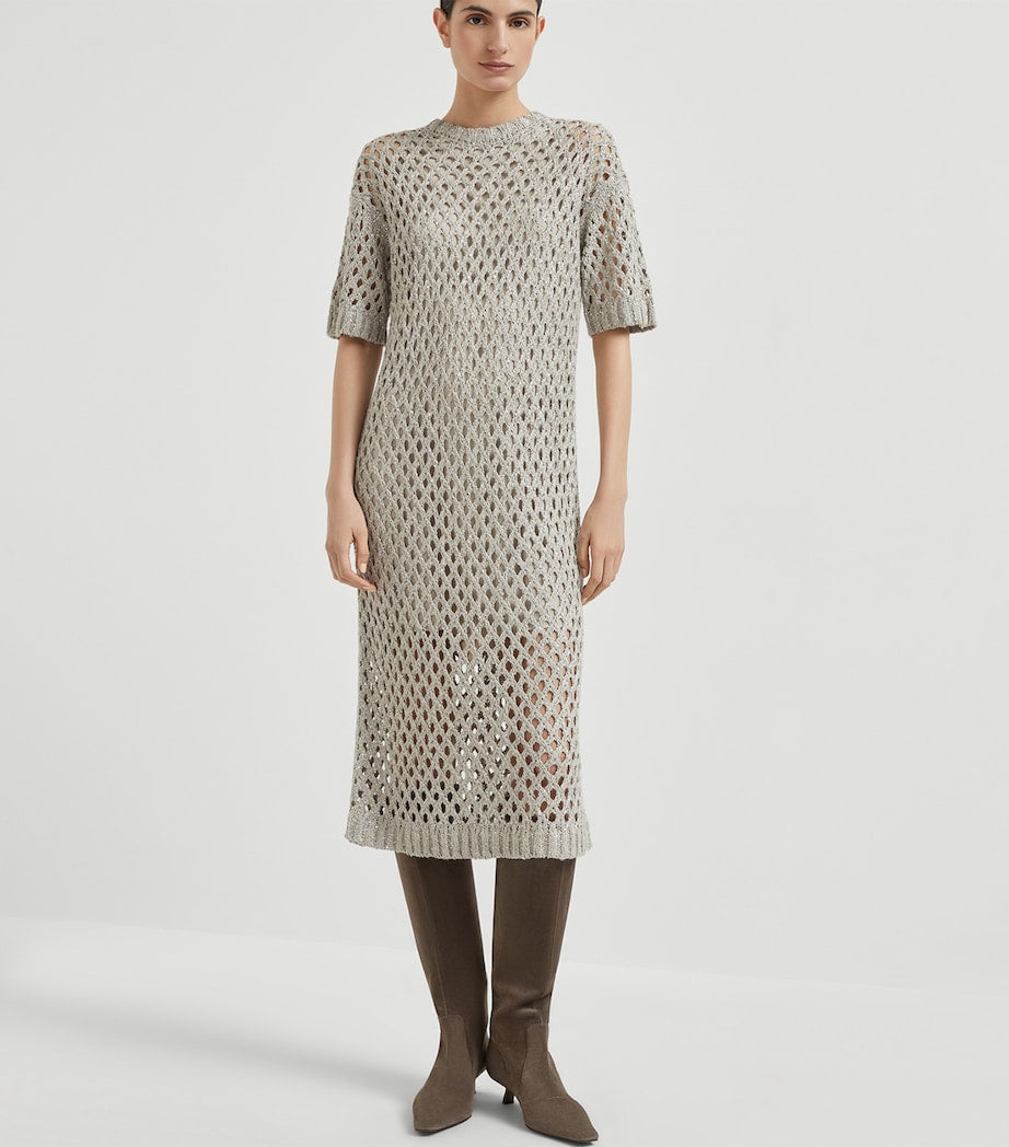 Brunello Cucinelli Grey Net Dazzling Knitted Midi Dress