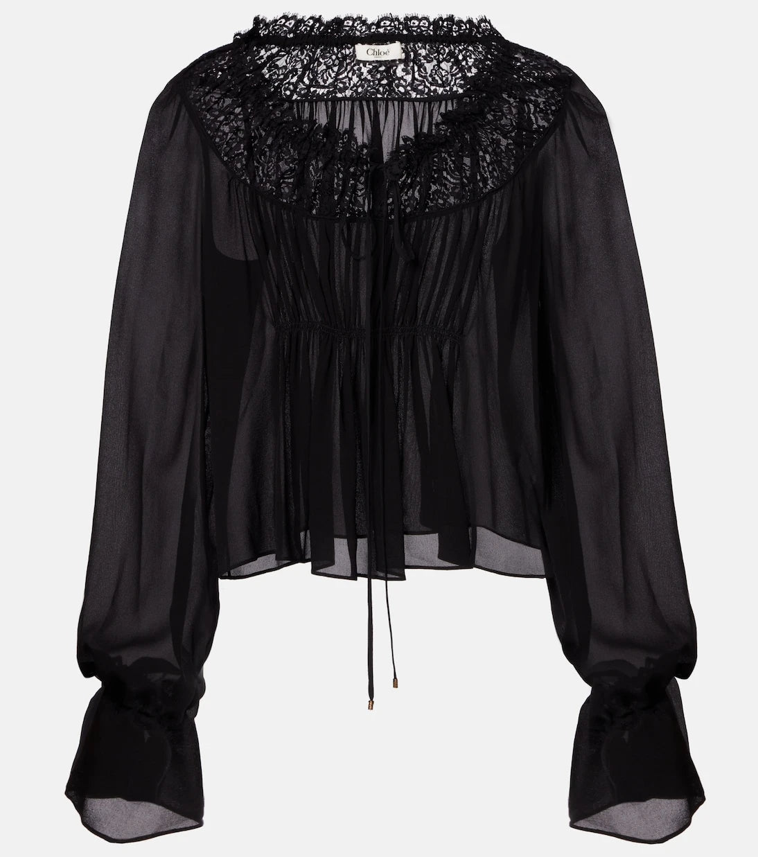 Chloé - Gathered lace-trimmed silk georgette blouse
