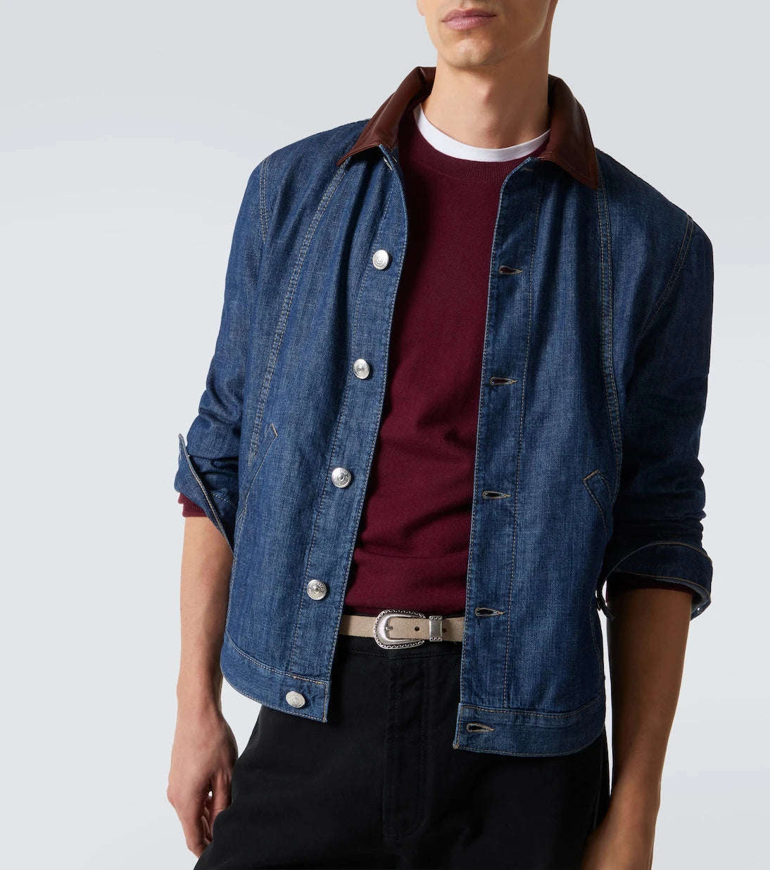 Brunello Cucinelli - Leather-trimmed denim jacket