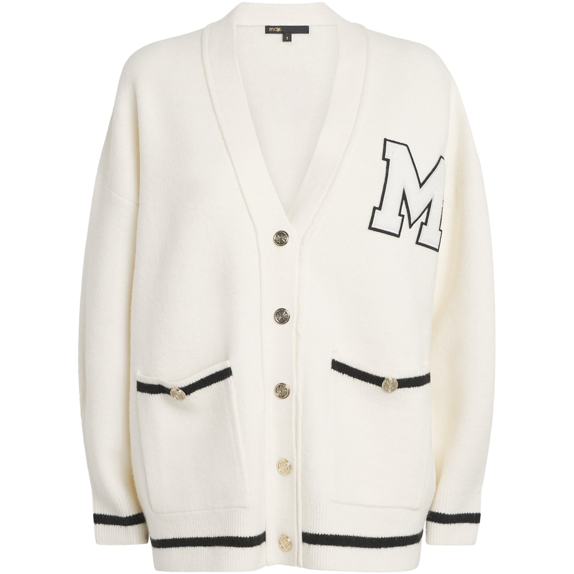 Maje White Monogram Appliqué Cardigan
