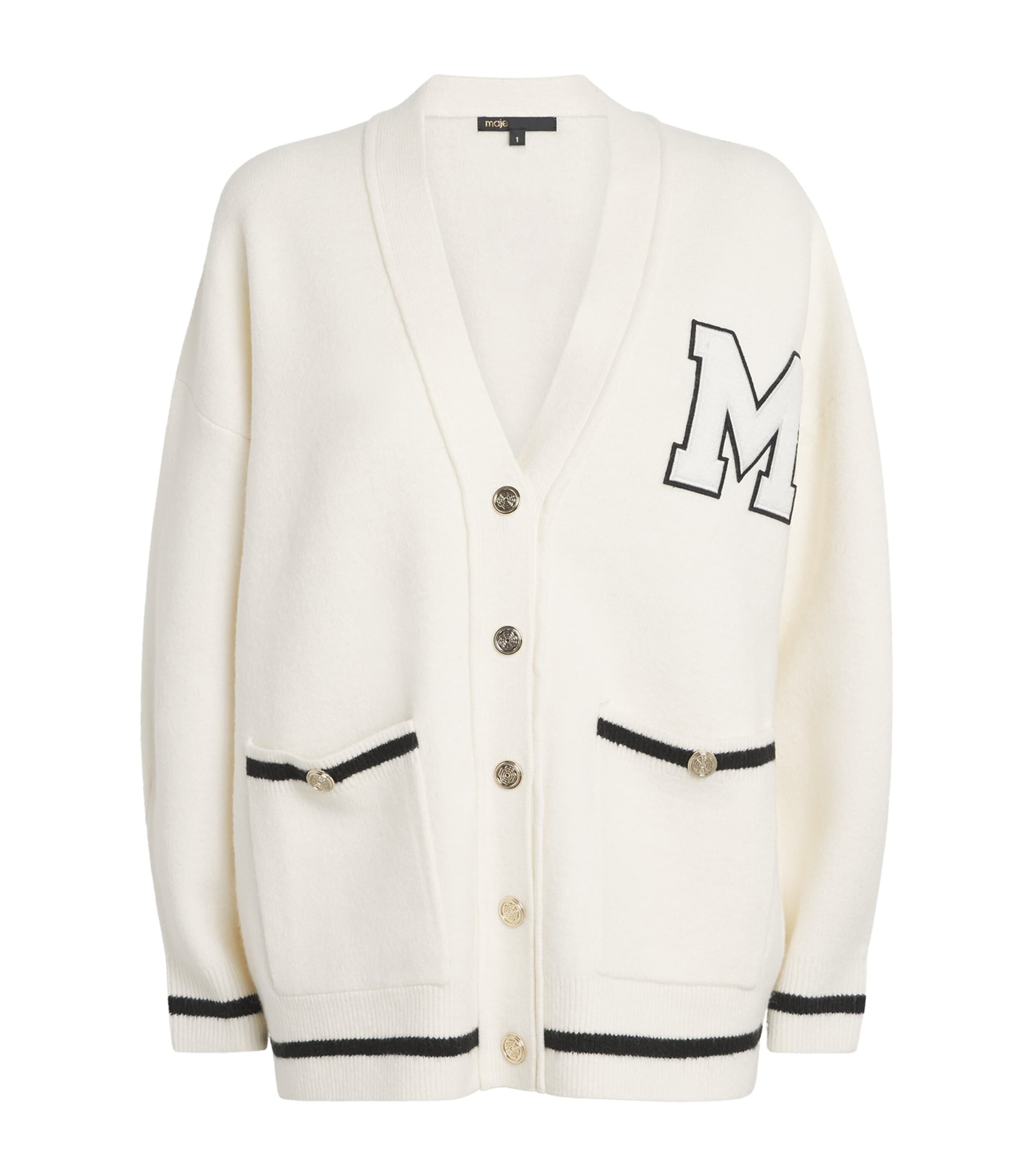 Maje White Monogram Appliqué Cardigan