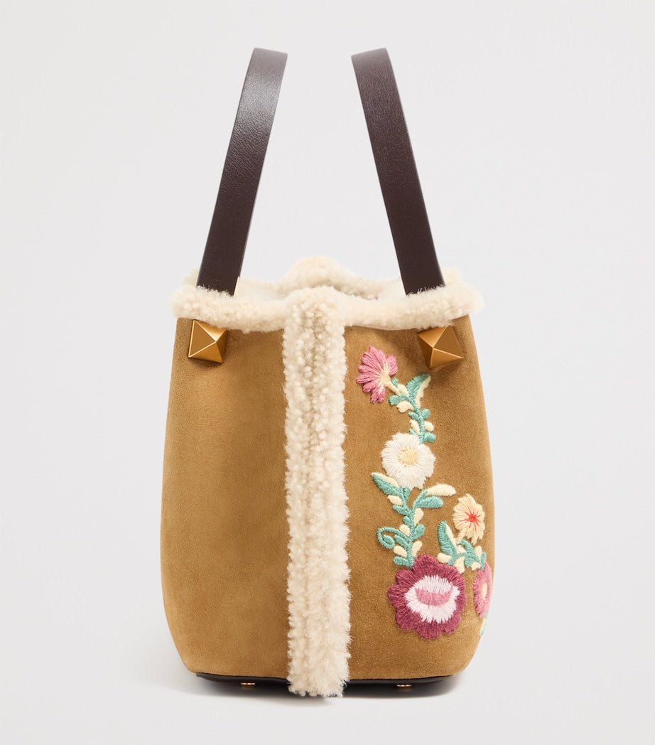 Valentino Garavani Beige Small Suede Floral Tote Bag