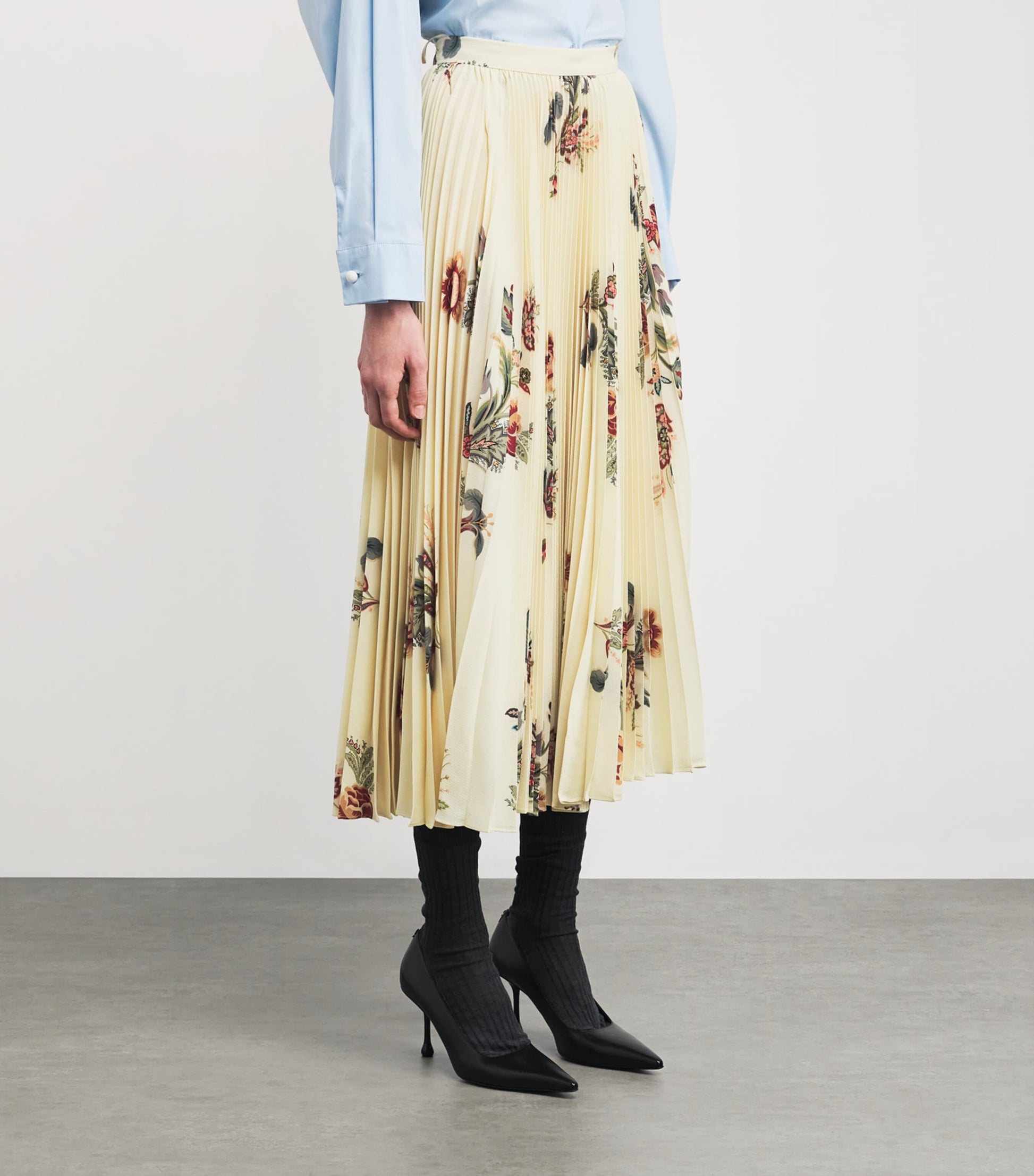 Yellow Floral Pleated Maxi Skirt