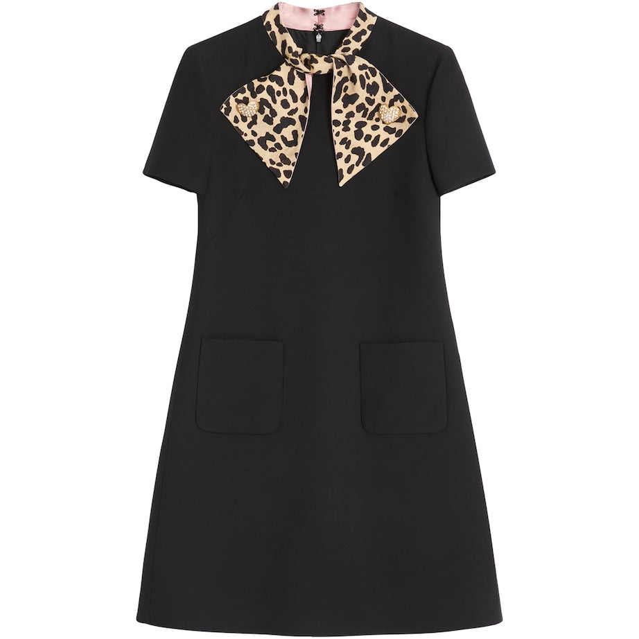 Valentino Black Wool-Silk Leopard-Tie Mini Dress