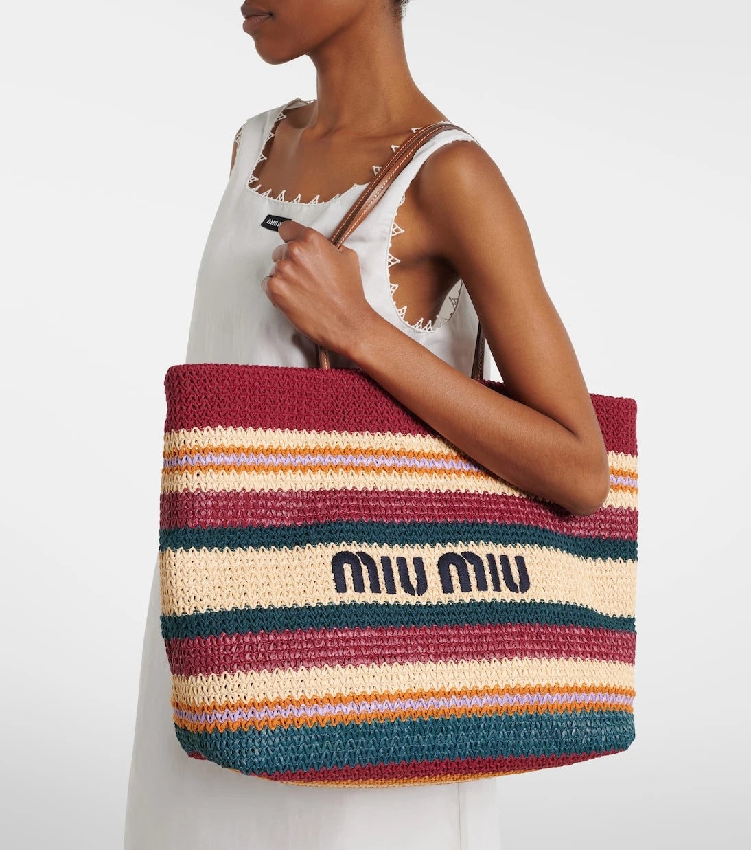 Miu Miu - Striped woven raffia-effect tote bag