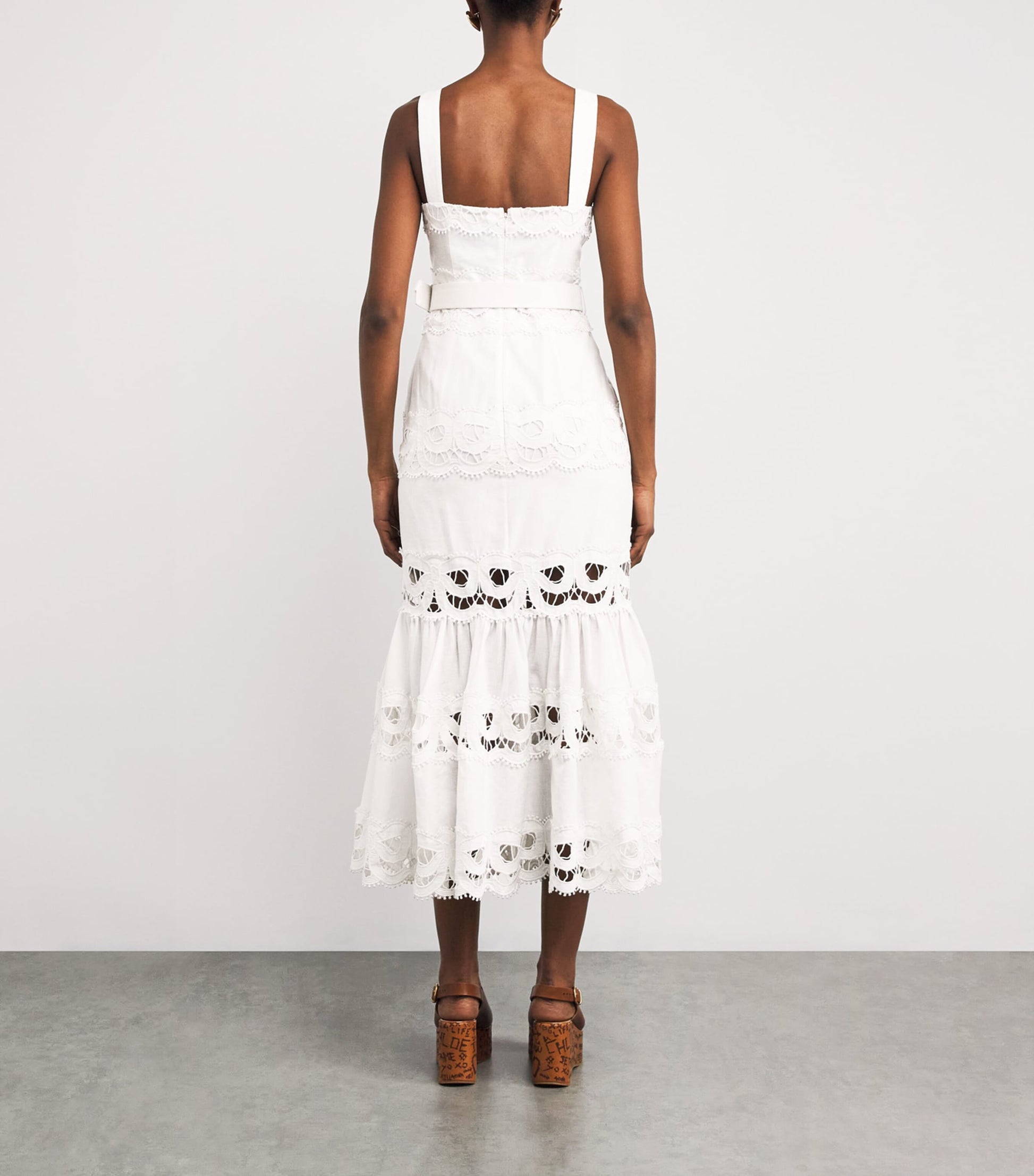 Self-Portrait Lace-Insert Belted Midi Dress WHITE