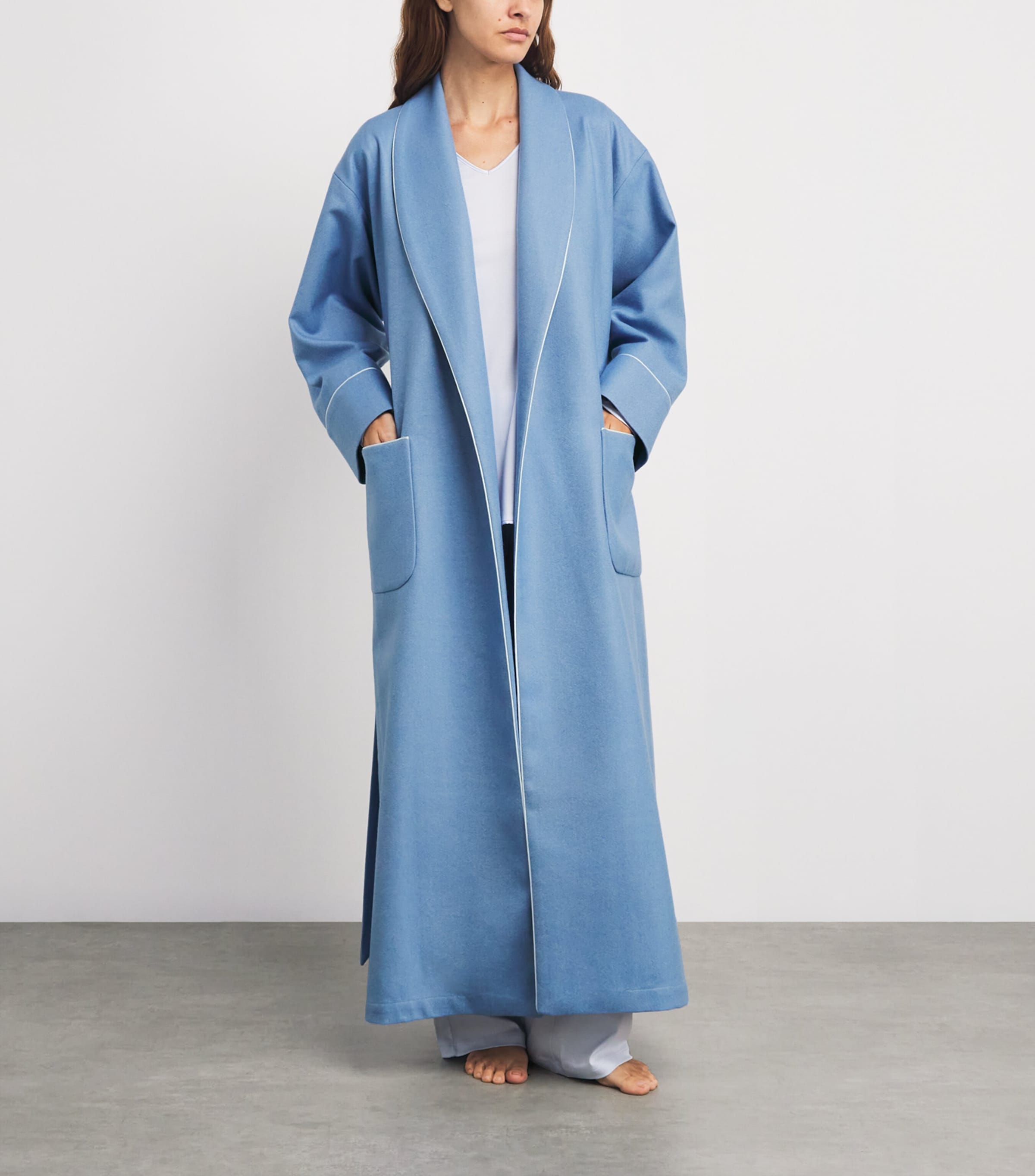 Blue Merino Wool Herringbone Dressing Gown