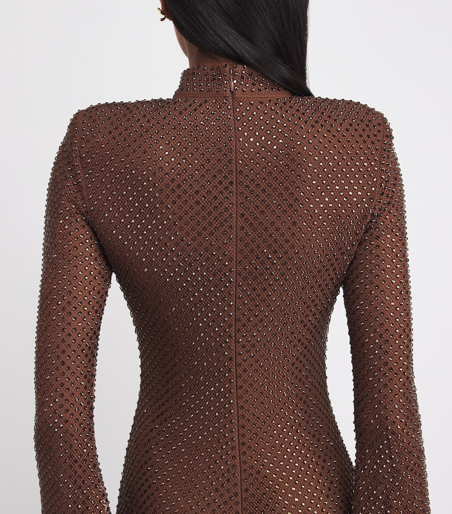 Self-Portrait Brown Mesh Rhinestone-Embellished Maxi Dress