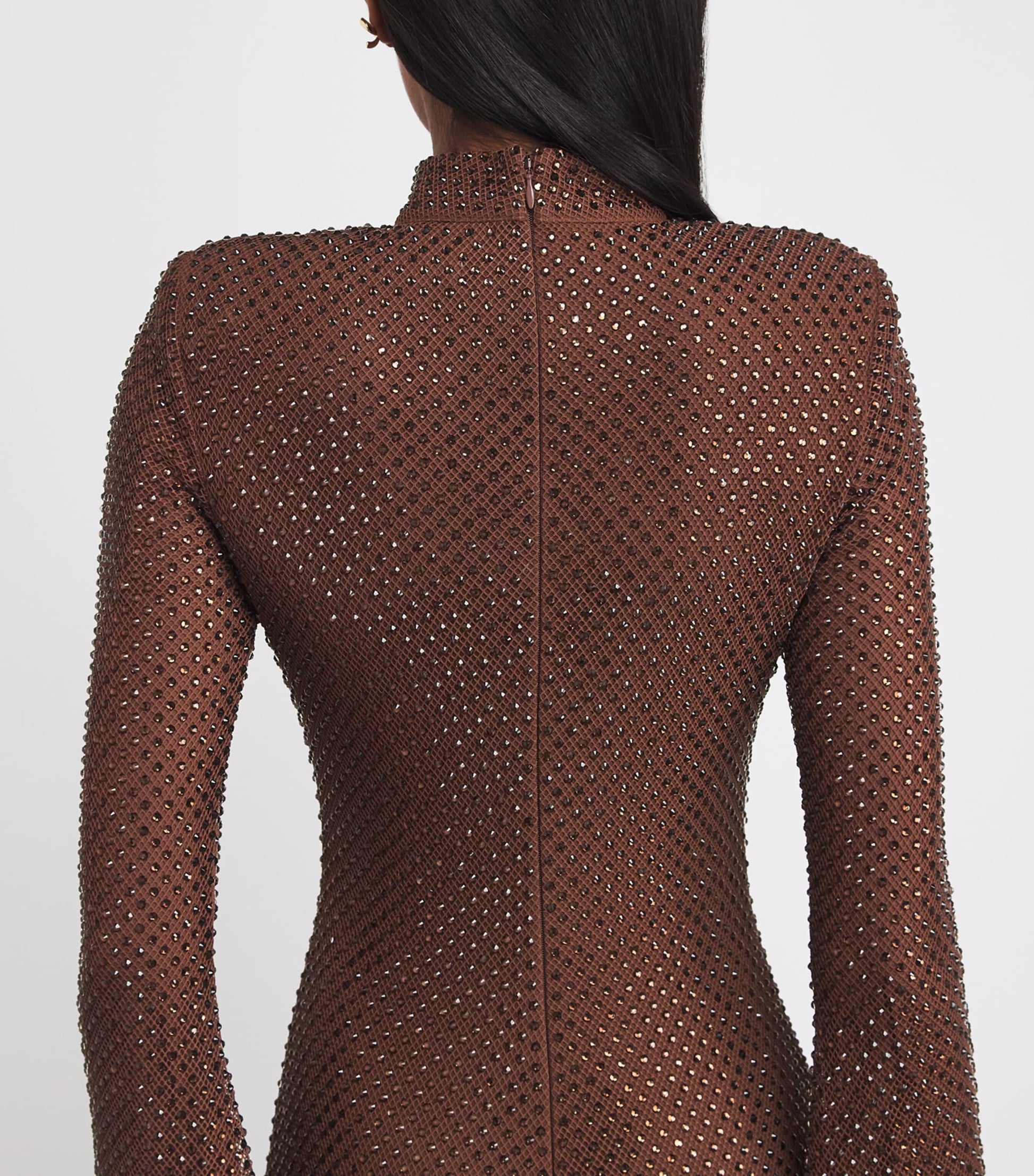 Self-Portrait Brown Mesh Rhinestone-Embellished Maxi Dress