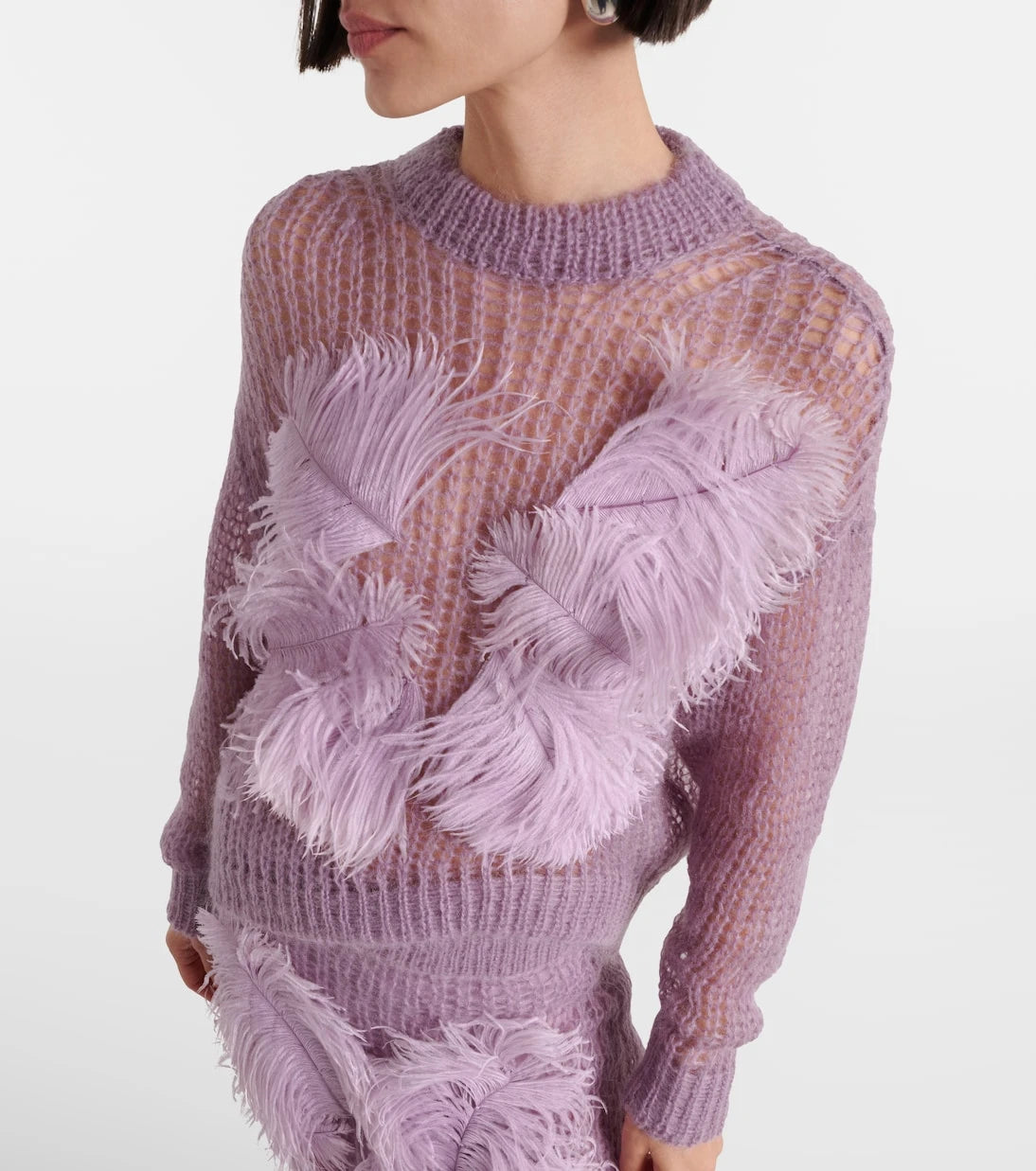 The Attico - Feather-trimmed open-knit mohair-blend sweater