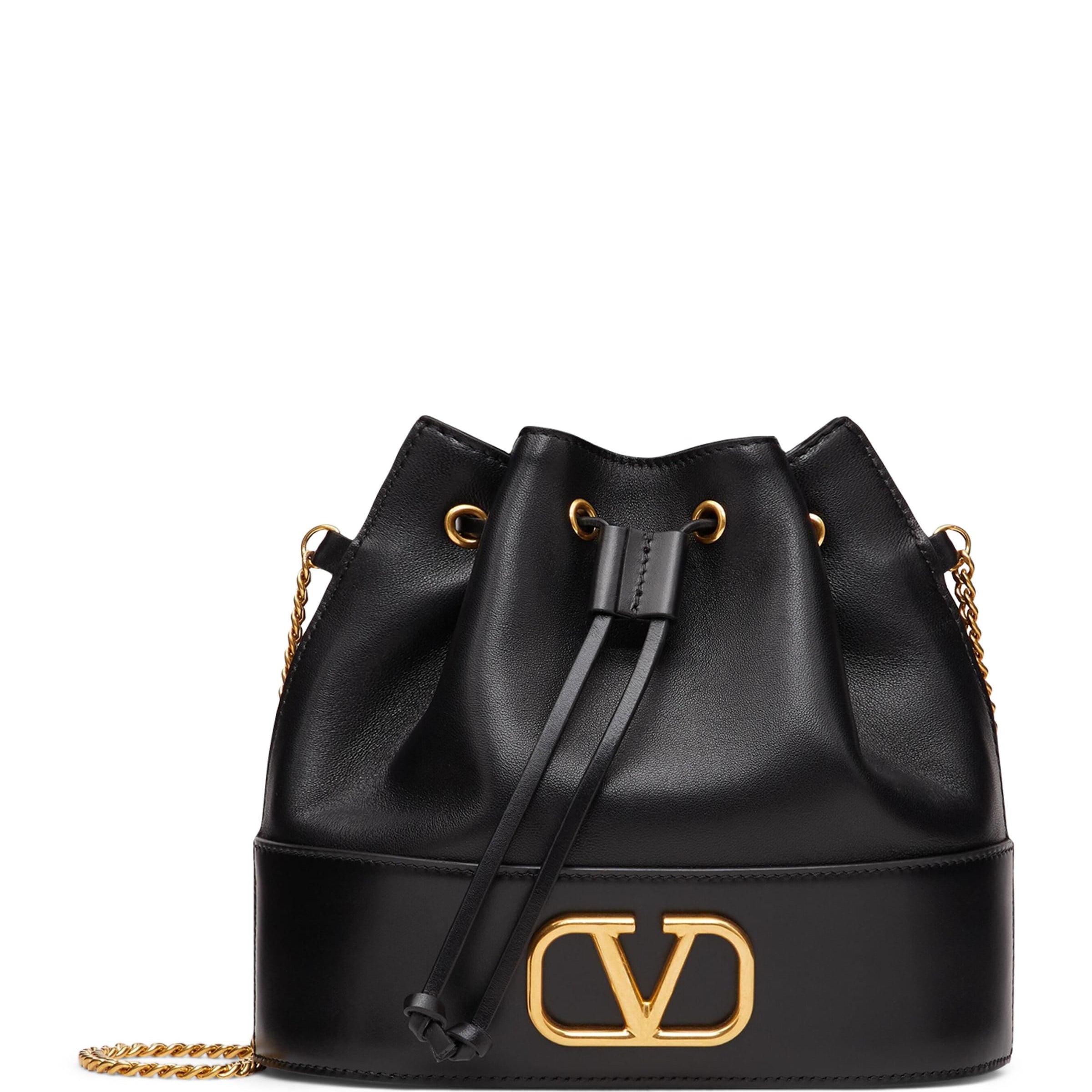 Valentino Garavani Black Leather VLogo Bucket Bag