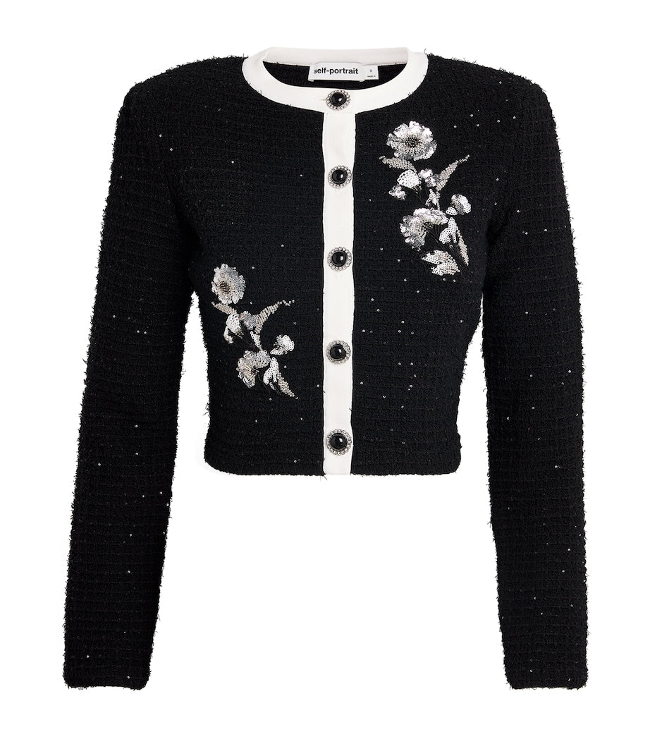 Self-Portrait Black Textured-Knit Embellished Floral Jacket