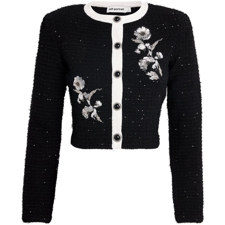 Self-Portrait Black Textured-Knit Embellished Floral Jacket