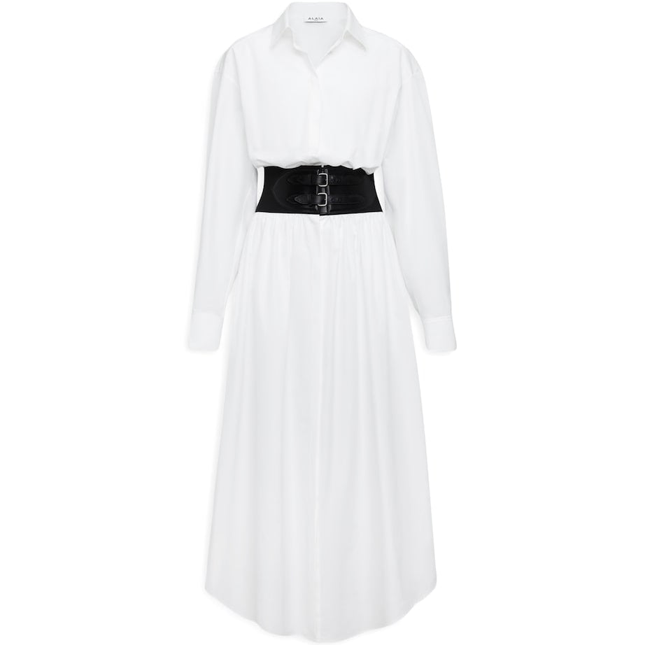 White Belted Shirt Midi Dress