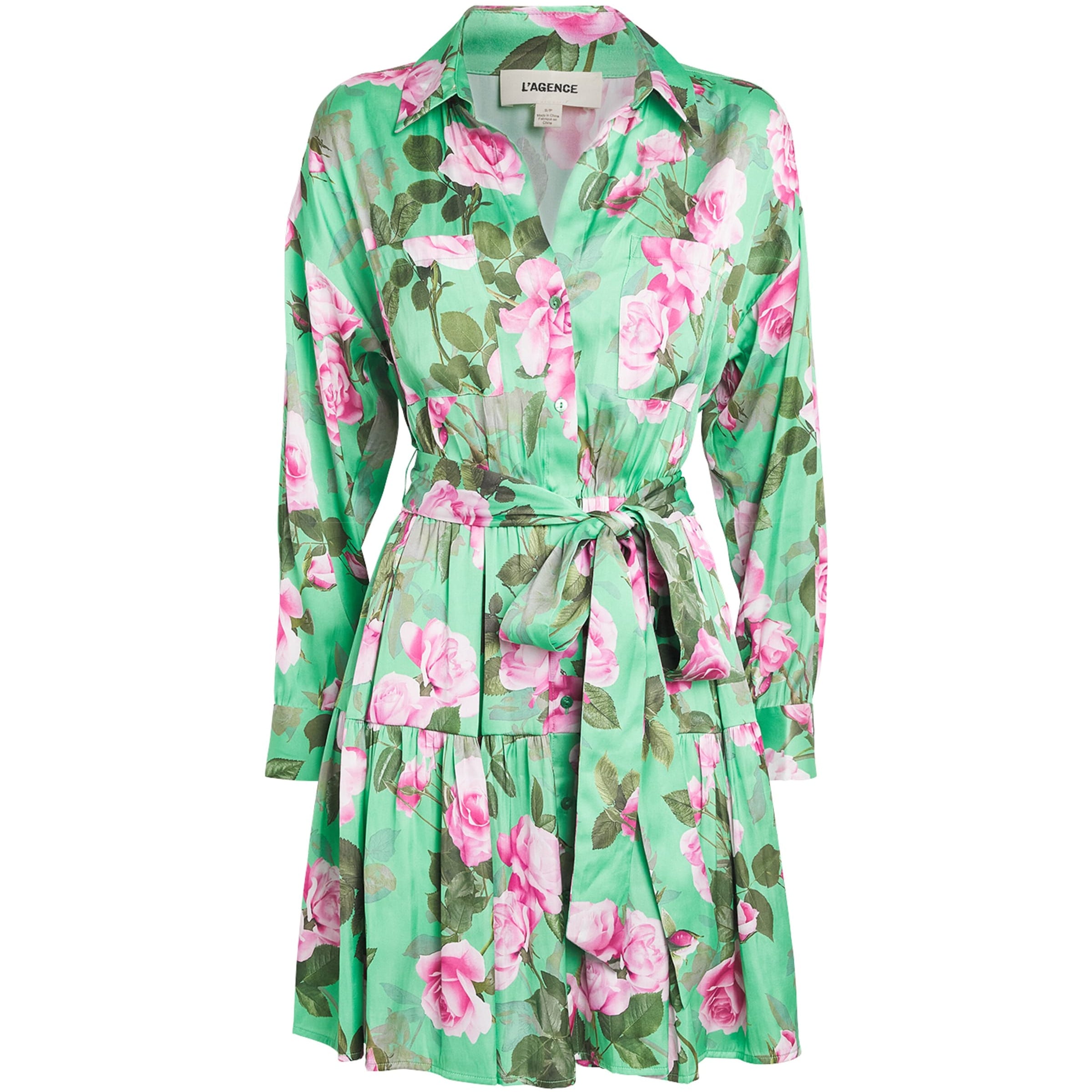 L'Agence Green Satin Floral Virlen Mini Dress