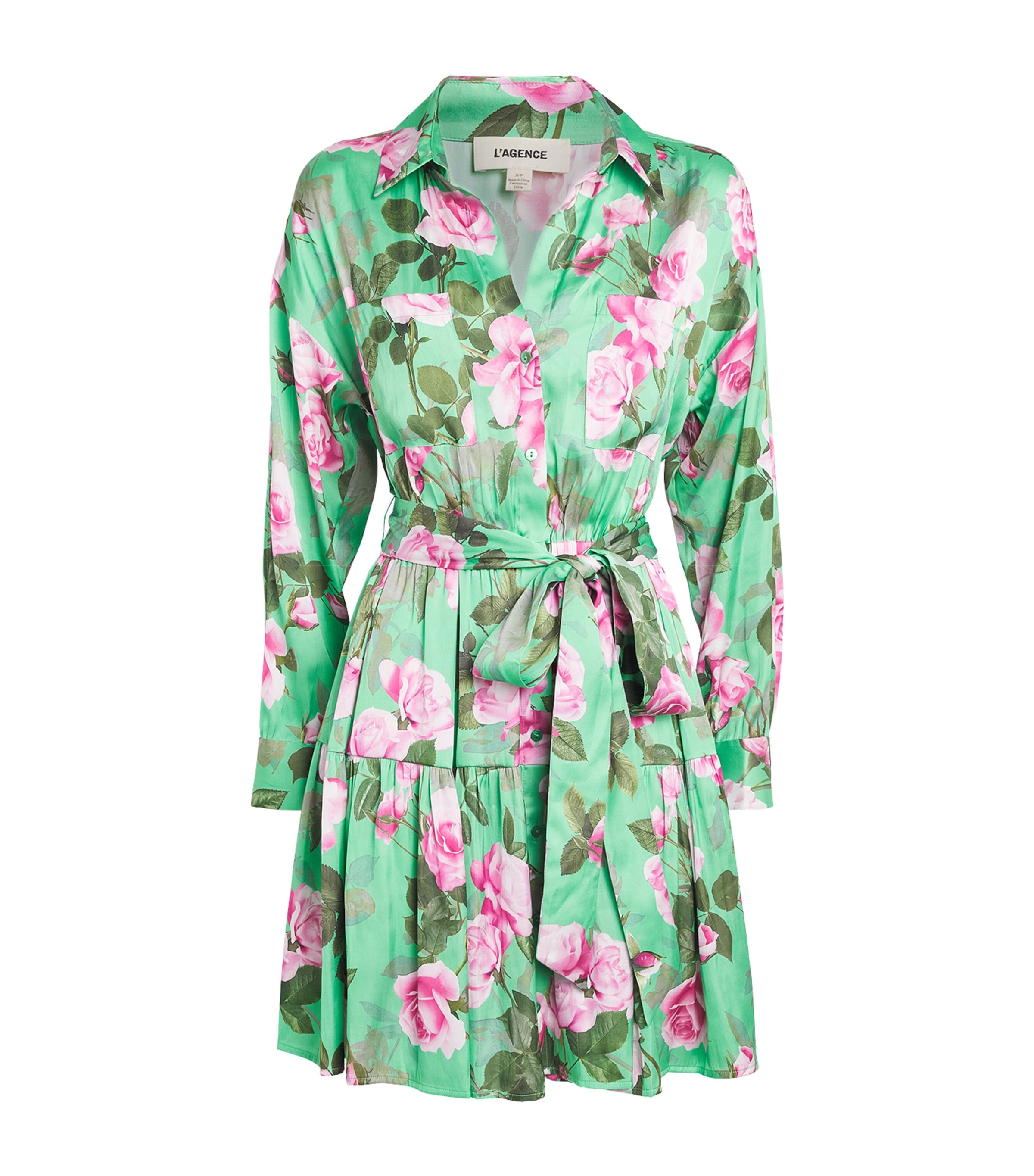 L'Agence Green Satin Floral Virlen Mini Dress