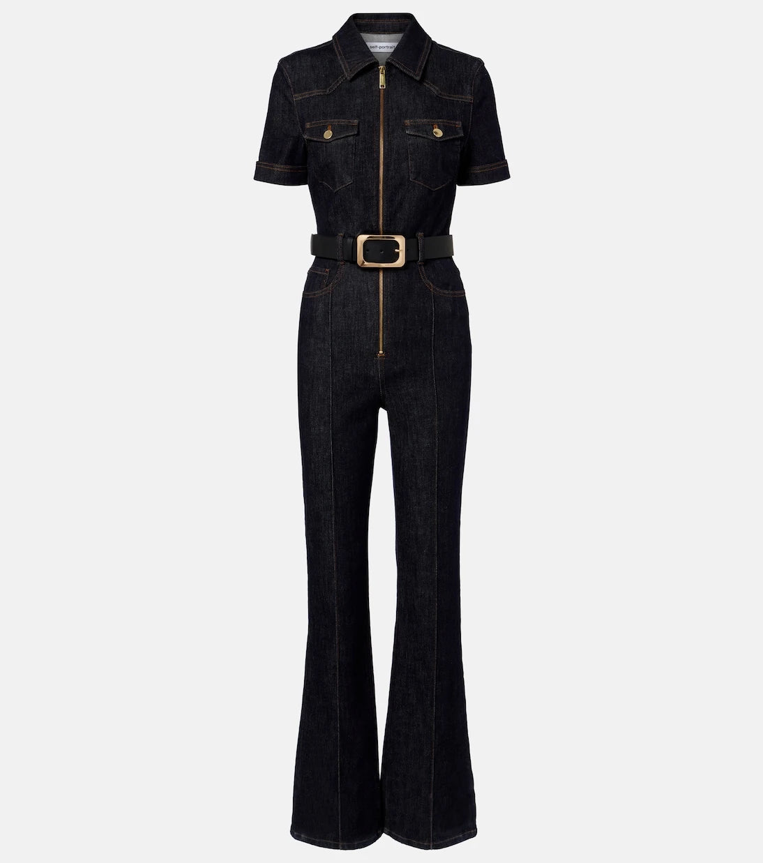 Self-Portrait - Belted denim jumpsuit