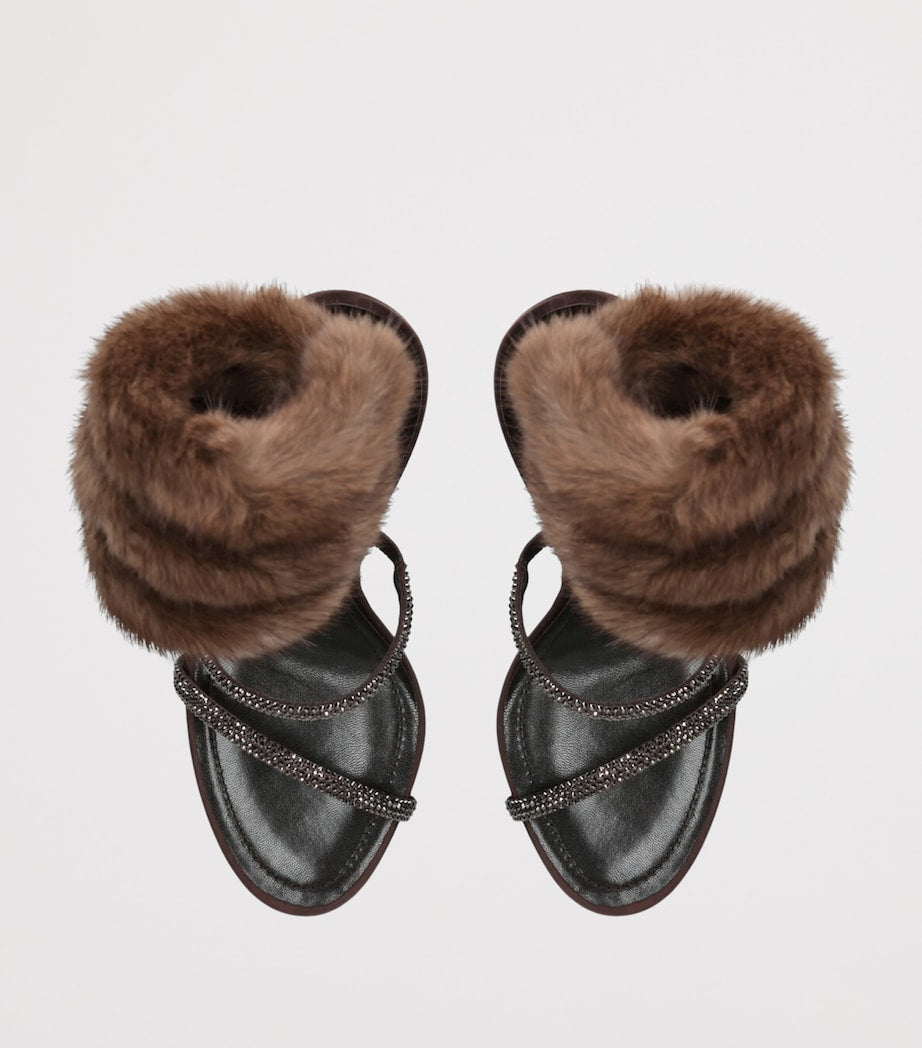 René Caovilla Brown Fur-Trim Cleo Sandals 105
