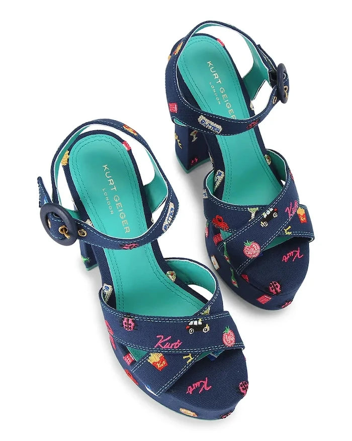 Kurt Geiger London Nakışlı Platform Topuklu Sandalet Navy Canvas